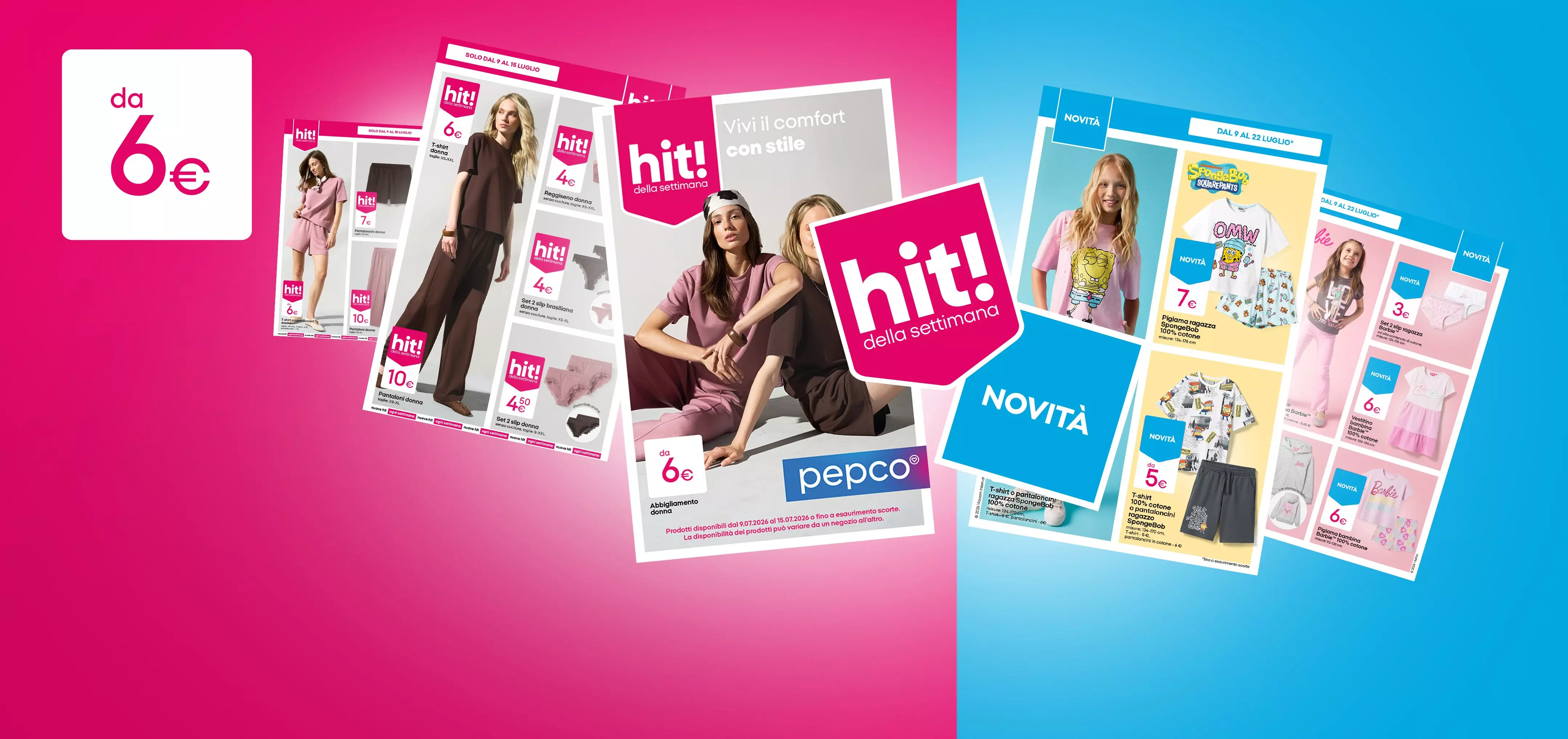 Volantini promozionali Pepco con abbigliamento e prodotti per bambini, prezzi a partire da 6€.