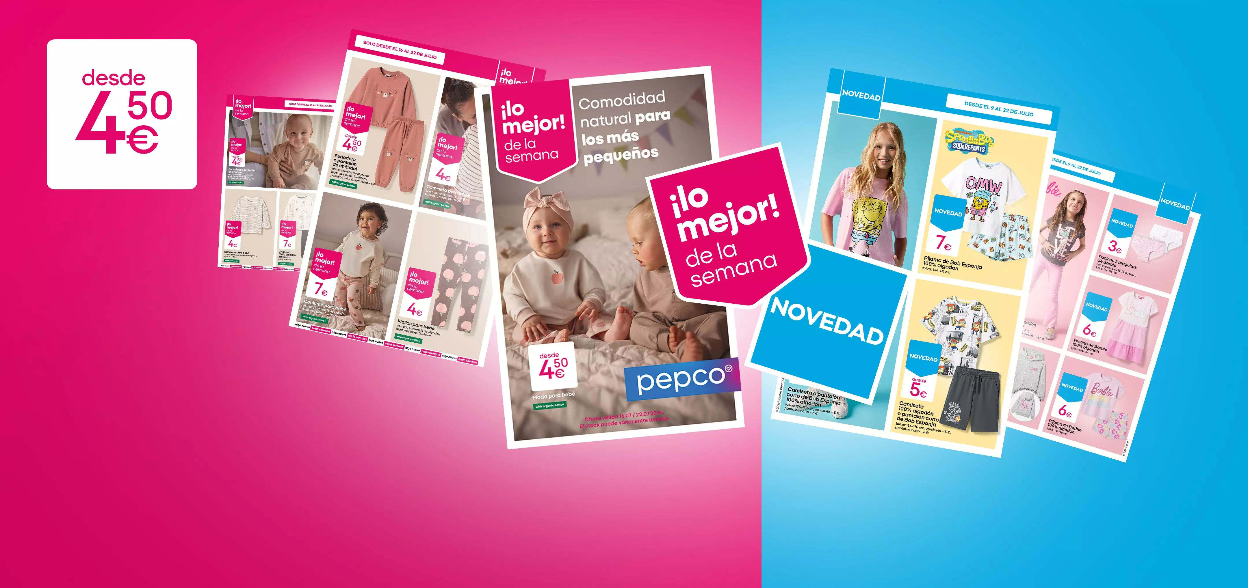 Collage de catálogos Pepco con ropa infantil, precios desde 4€ y promociones de la semana.