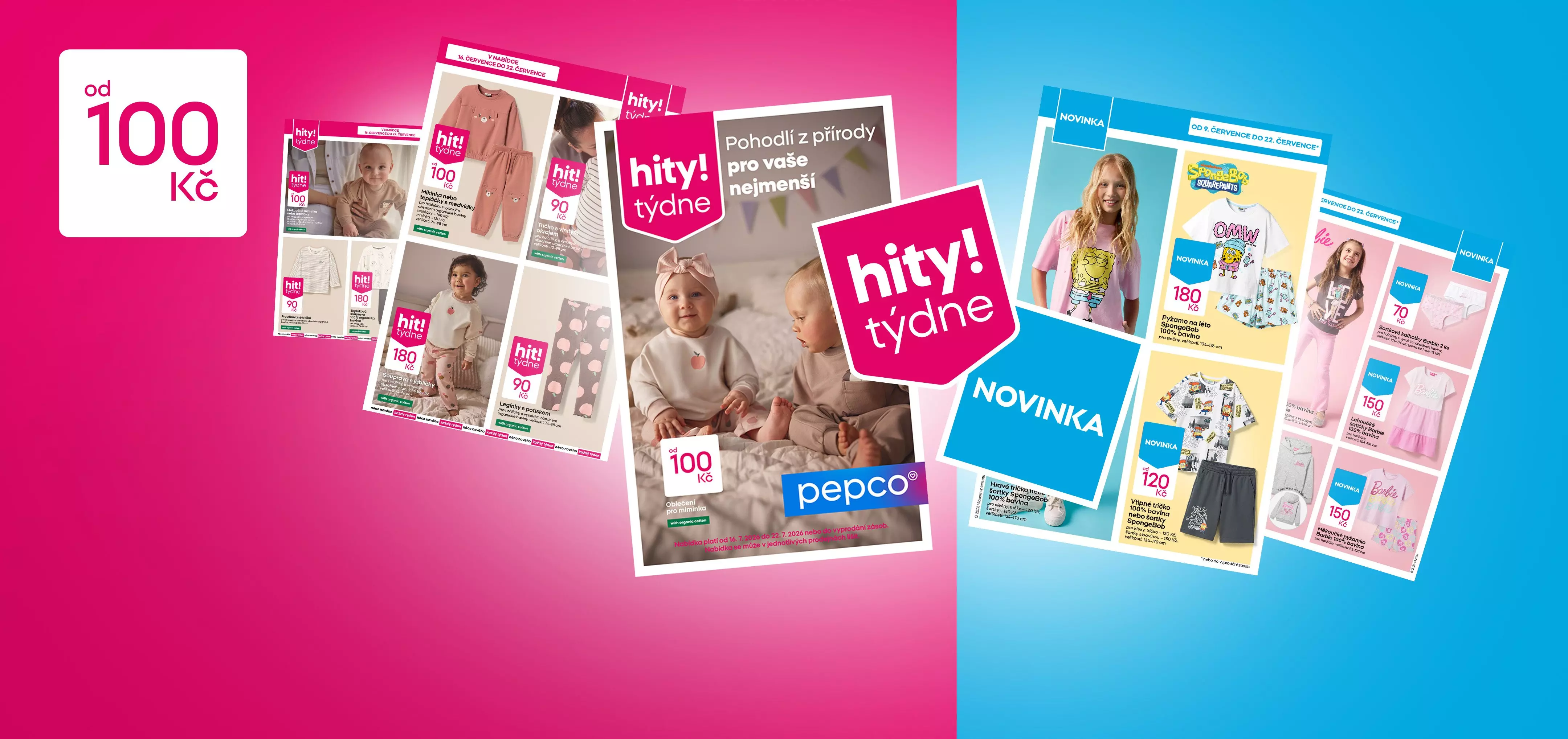 Kolekce letáků Pepco s dětským oblečením, nápisy hity týdne a NOVINKA, ceny od 100 Kč.