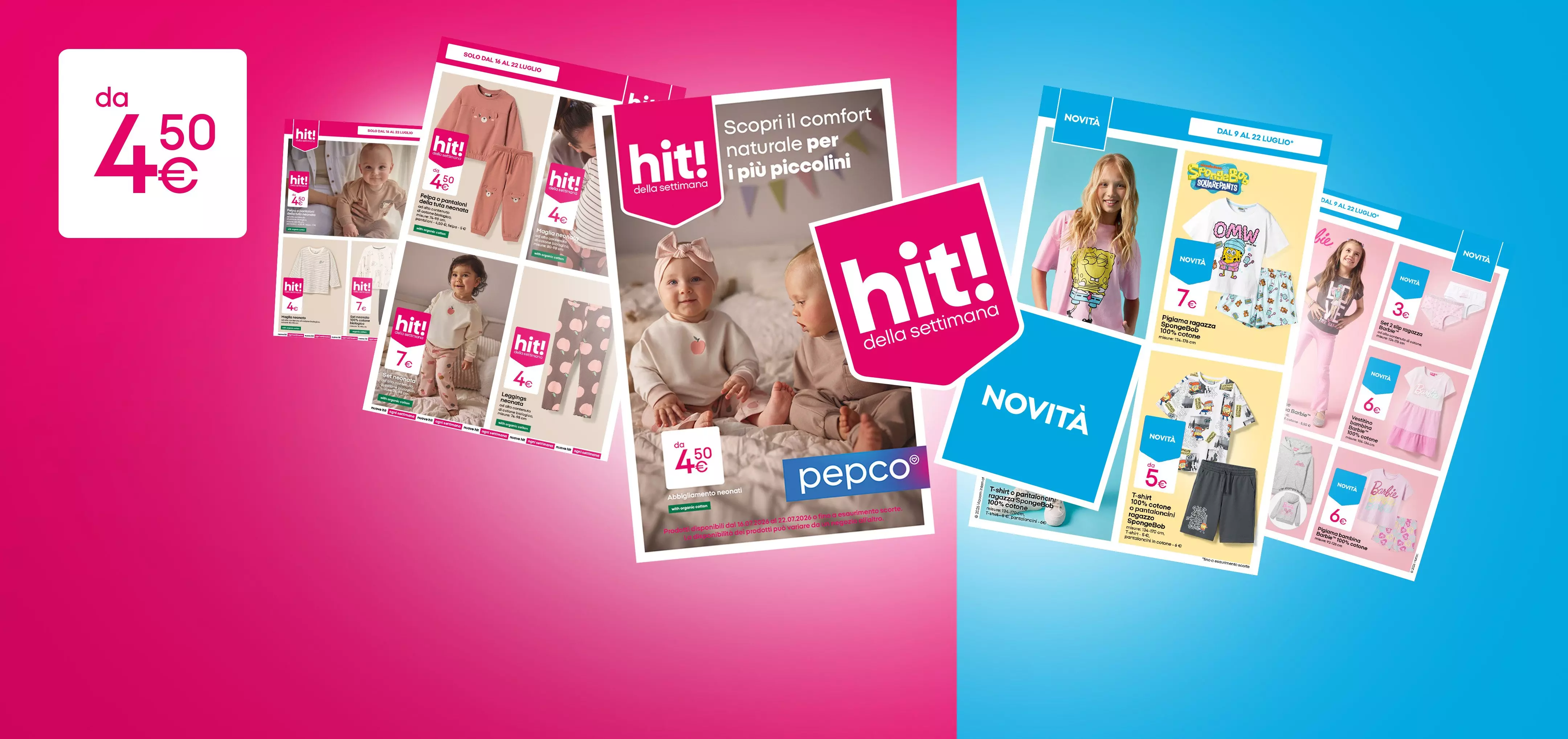 Volantini promozionali Pepco con abbigliamento bambino da 4,50€, collezione hit! della settimana e novità.