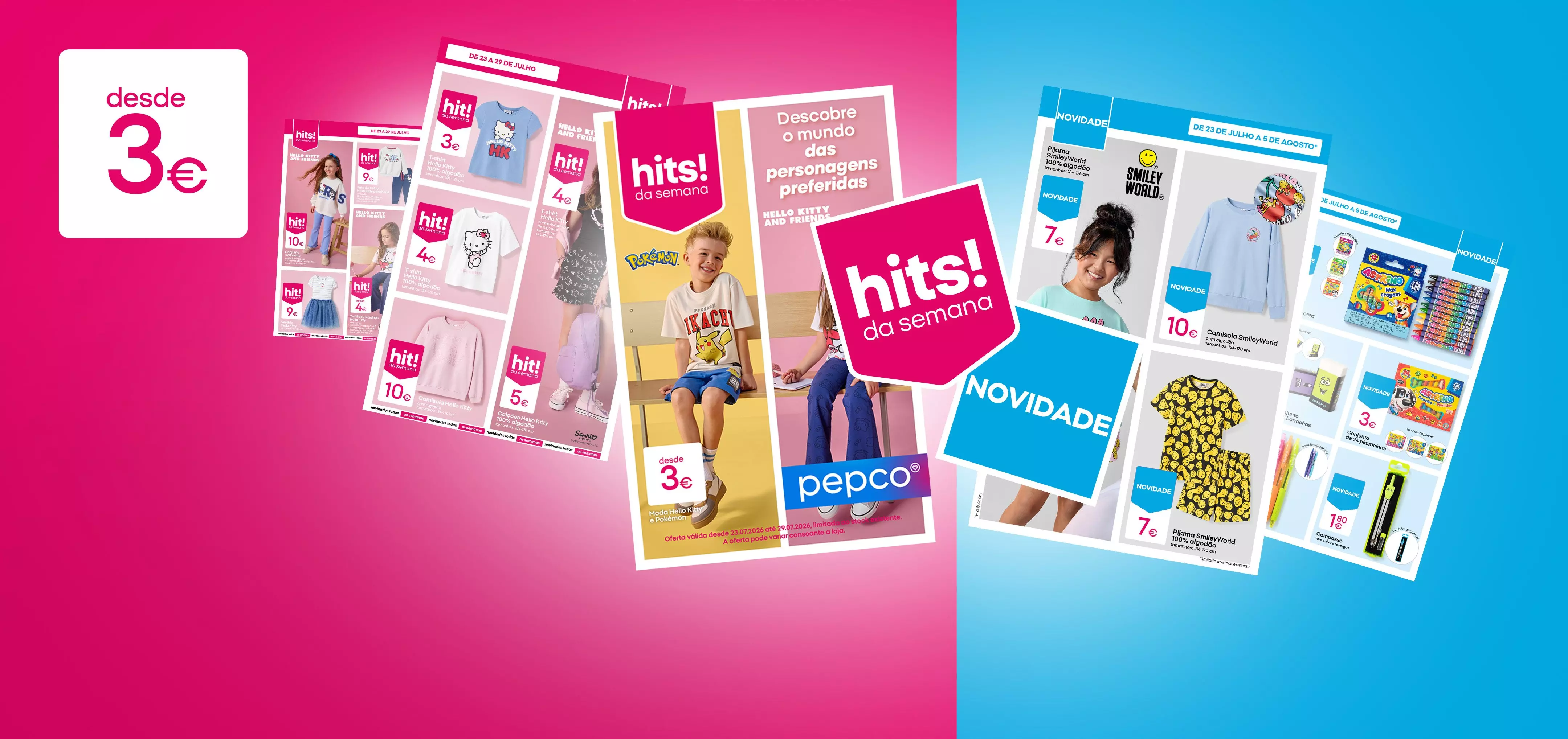 Folhetos promocionais Pepco com roupa infantil, artigos escolares e personagens desde 3€.