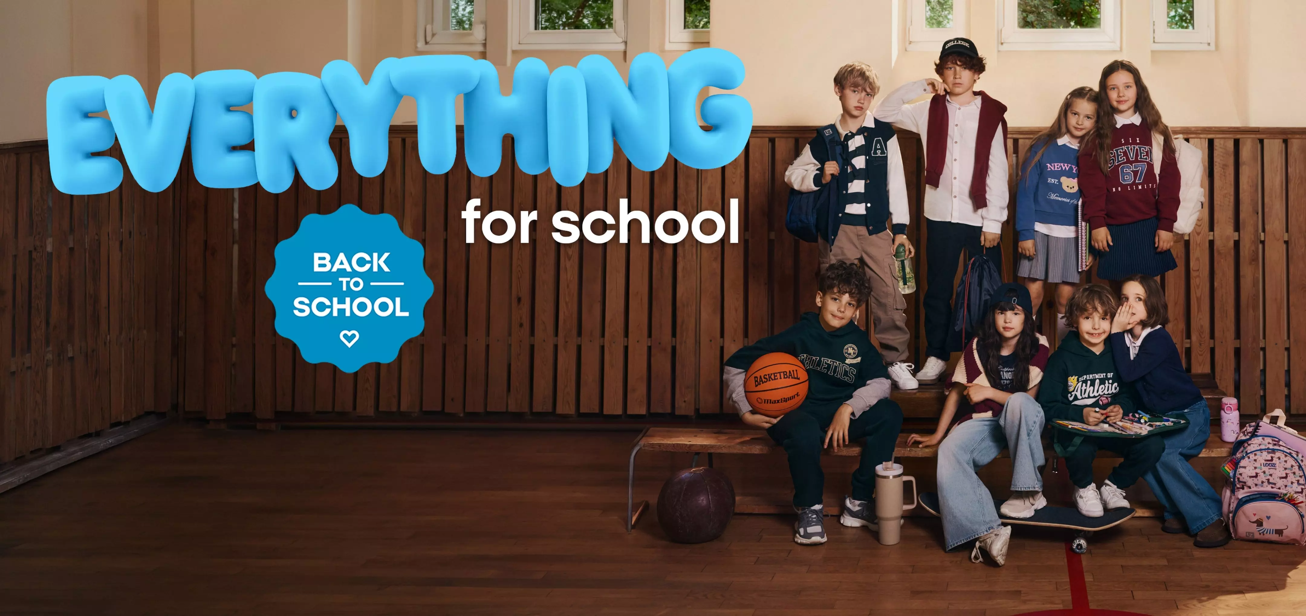 Pepco back to school campaign featuring children in school uniforms and casual wear with sports equipment.