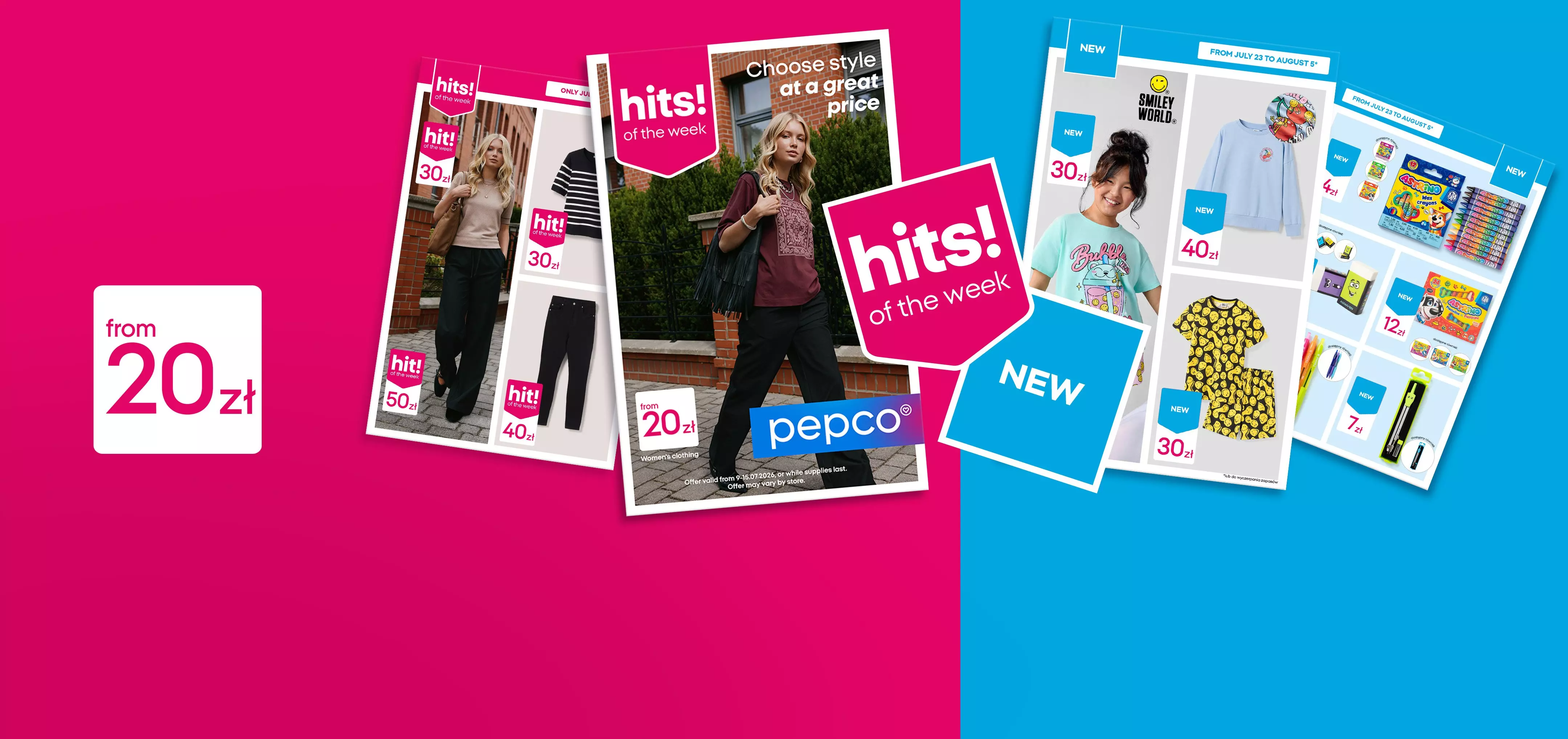Pepco promotional catalogue pages showing hits of the week women's fashion and new children's clothing ranges.