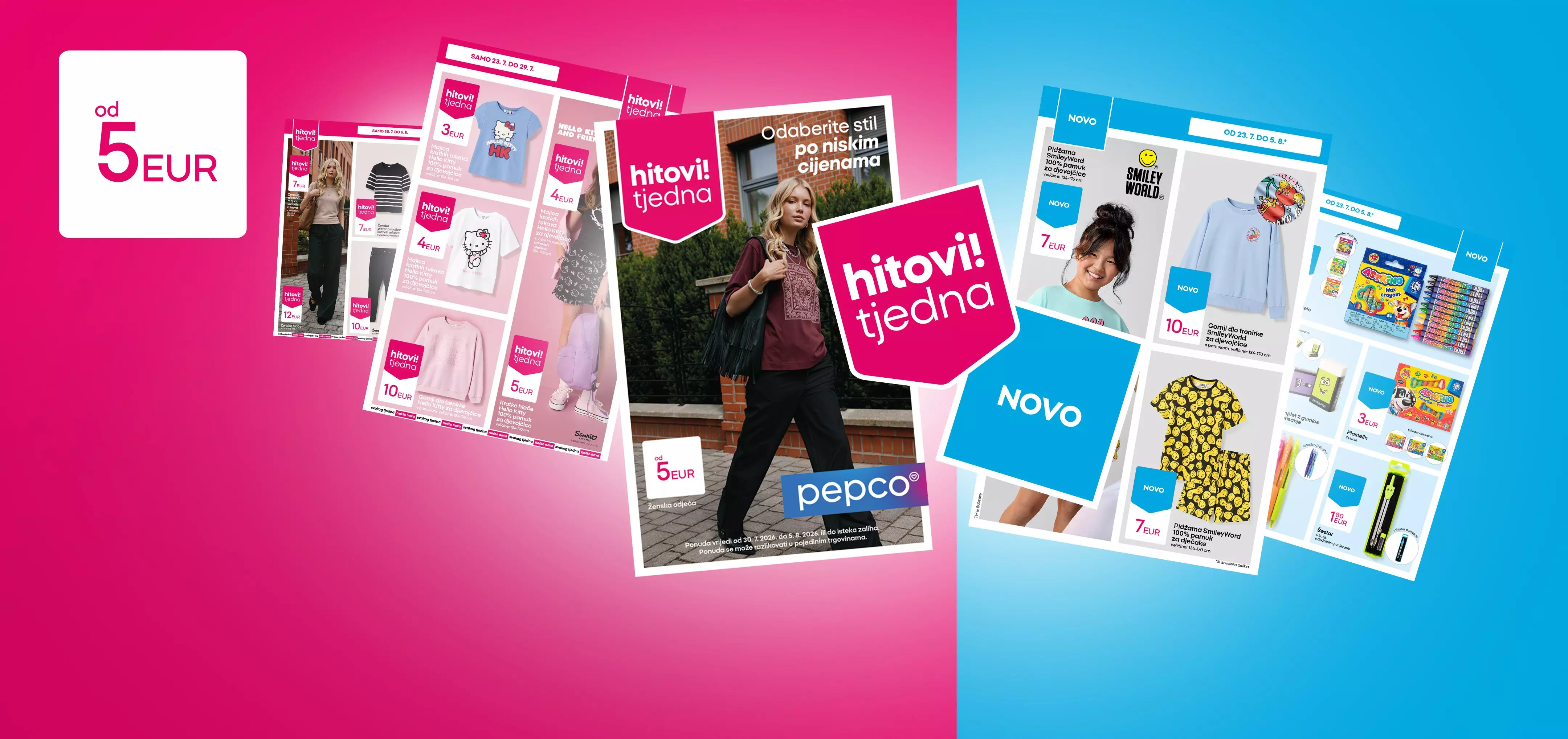 Pepco katalozi s promocijama odjeće i proizvoda za djecu s cijenama od 5 EUR.