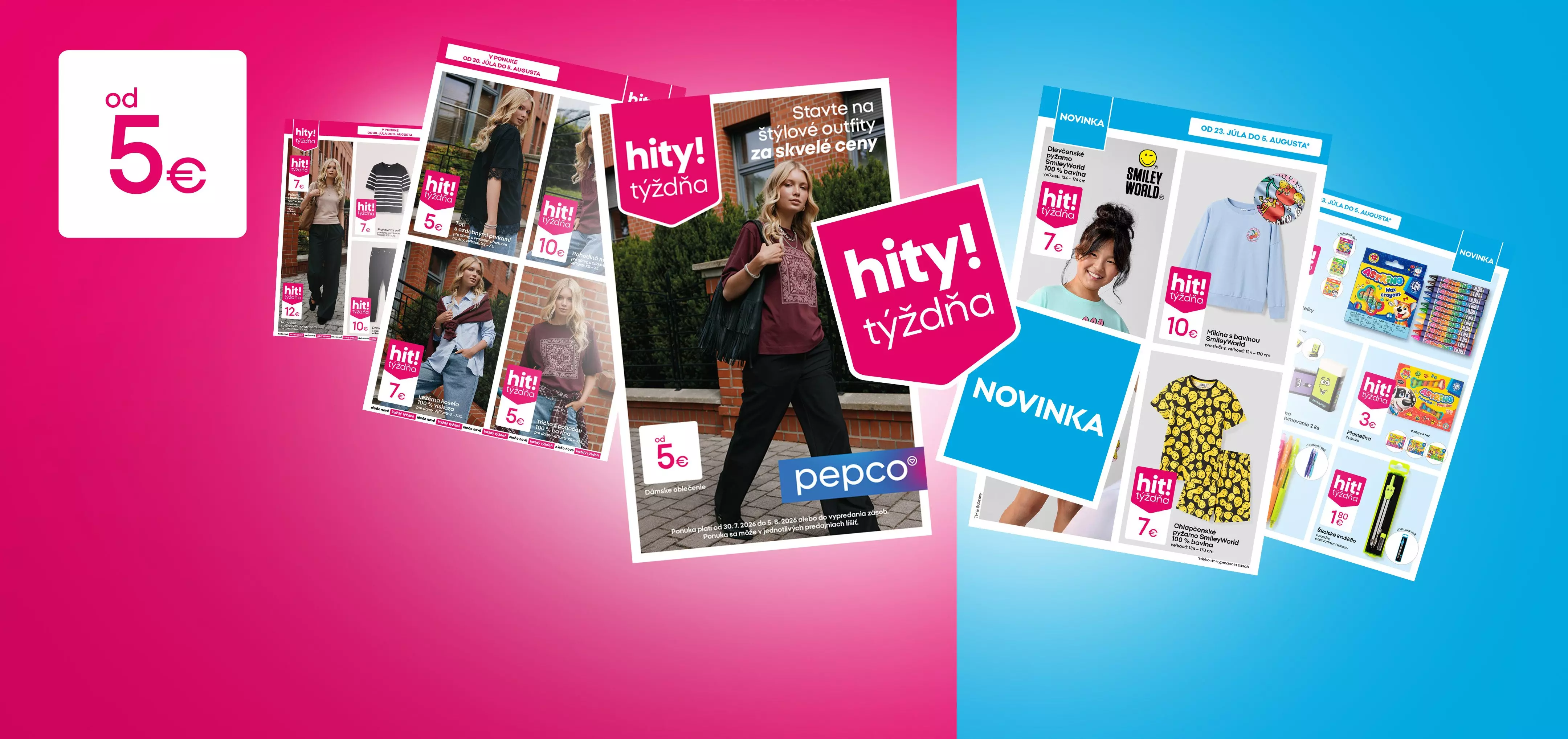 Pepco reklamné letáky s módou a produktmi, zobrazujúce akcie od 5€ a týždenné hity.