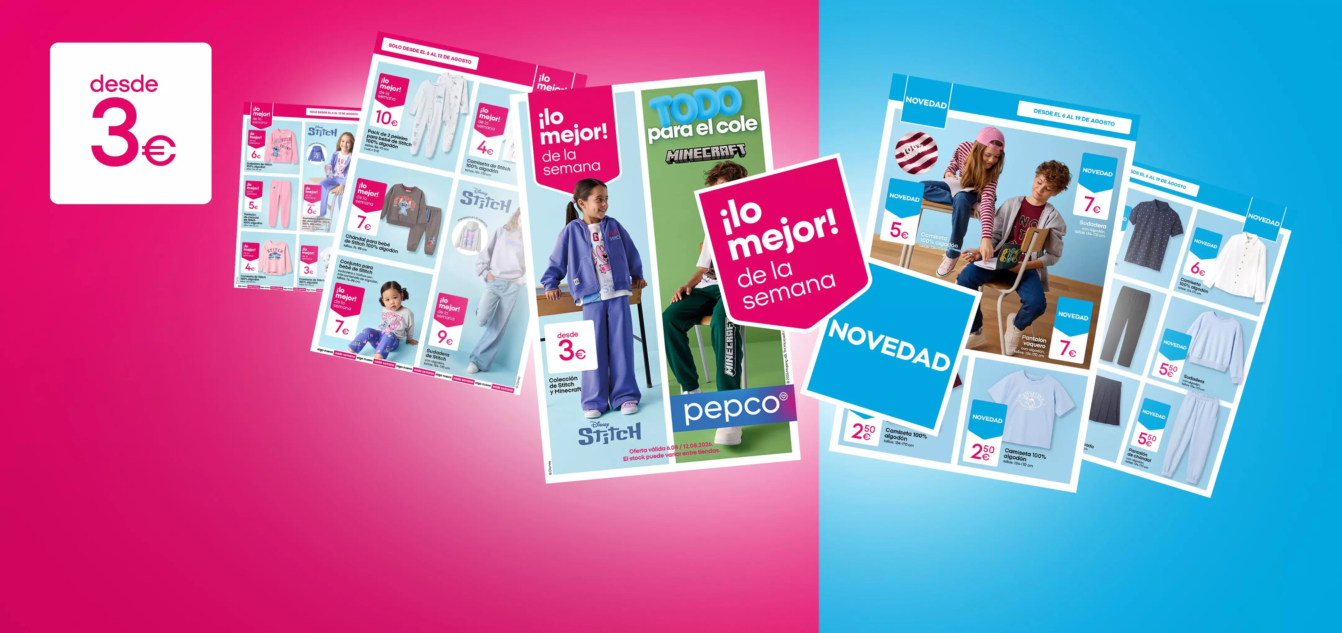 Catálogos promocionales de Pepco mostrando ropa infantil con ofertas desde 3€ y colecciones de Stitch y Minecraft.