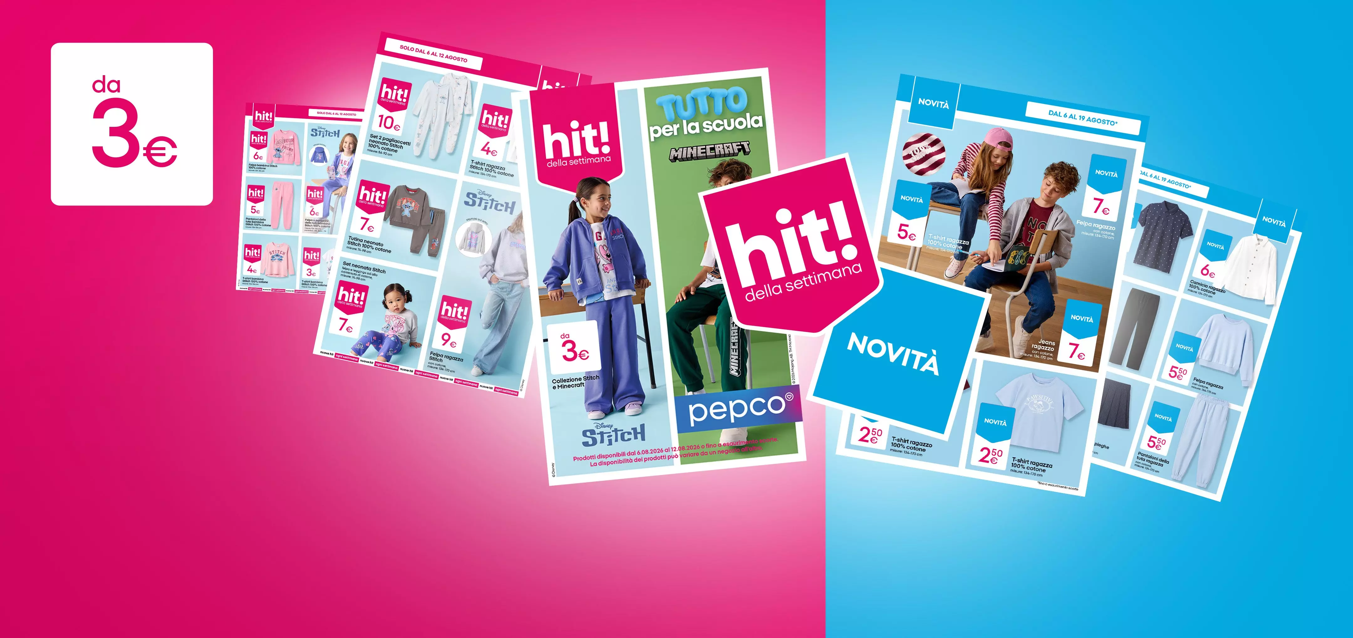 Volantini promozionali Pepco con abbigliamento per bambini a partire da 3 euro, collezioni hit! e back to school.