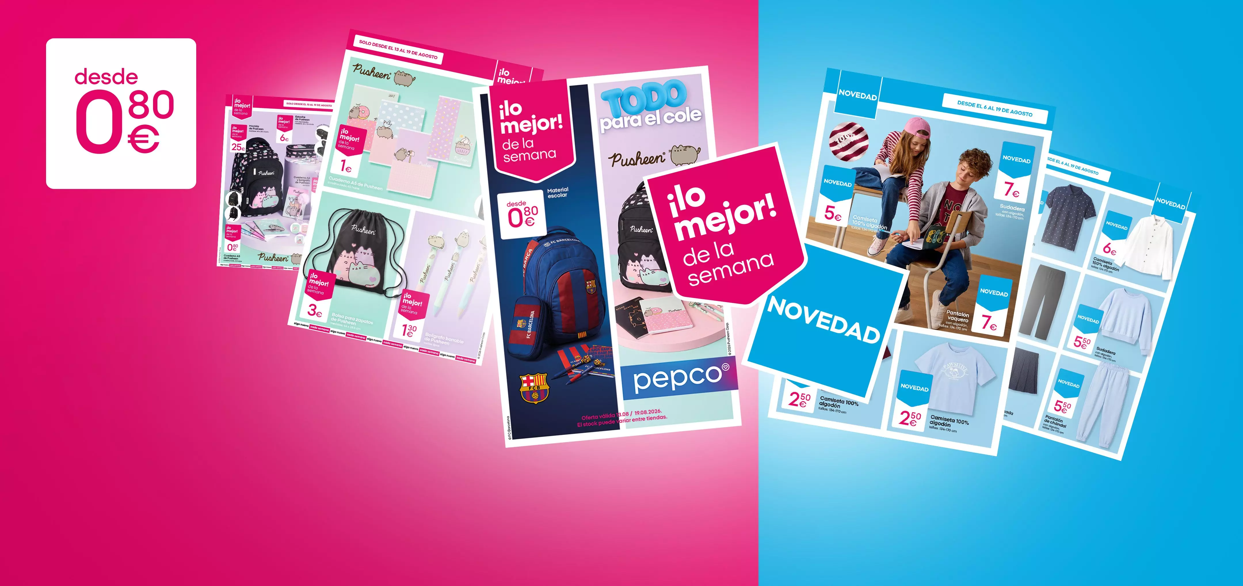Catálogos promocionales de Pepco con productos Pusheen y ropa escolar desde 0,80 euros.