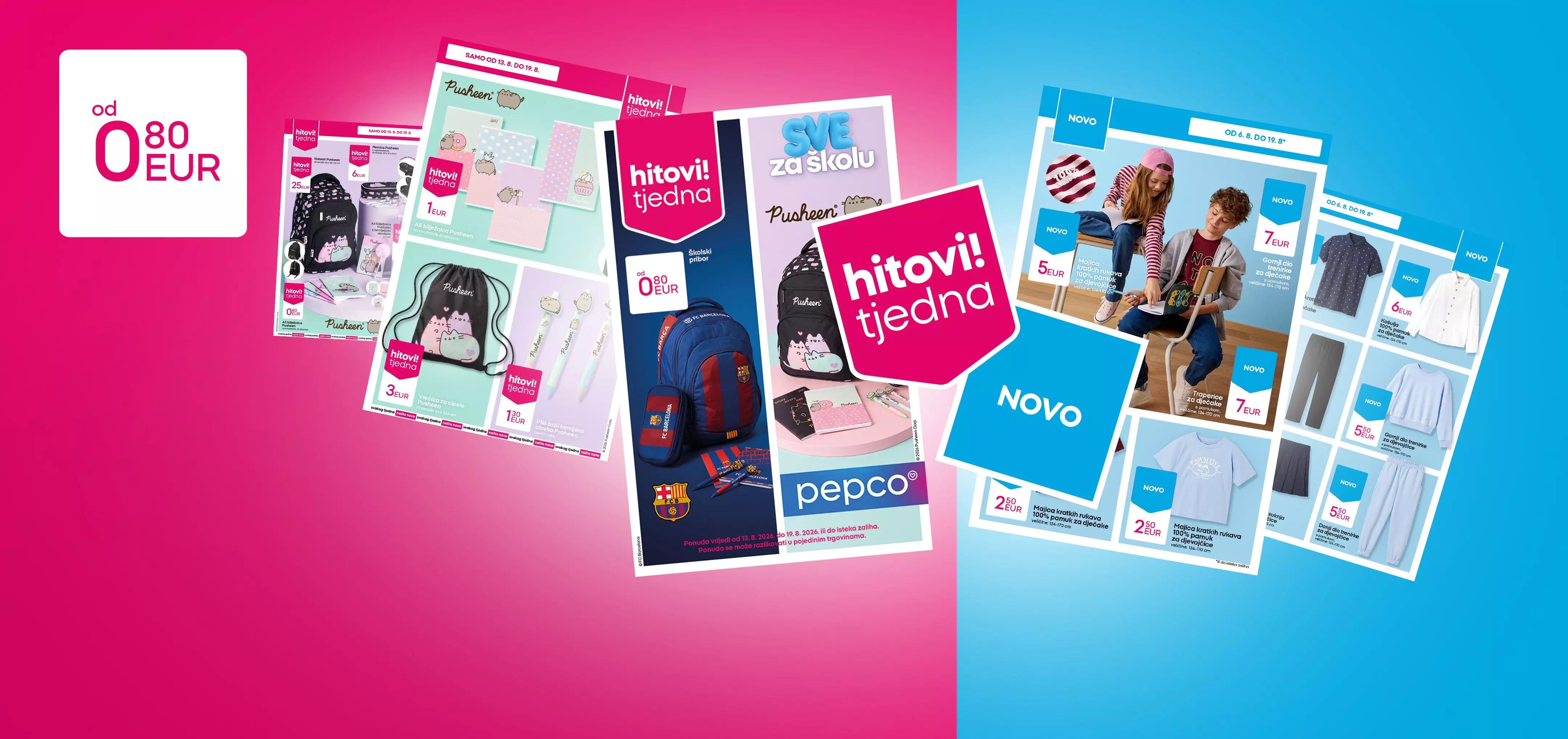 Pepco back to school promotional catalogues featuring Pusheen branded bags and children's clothing from 3zł.