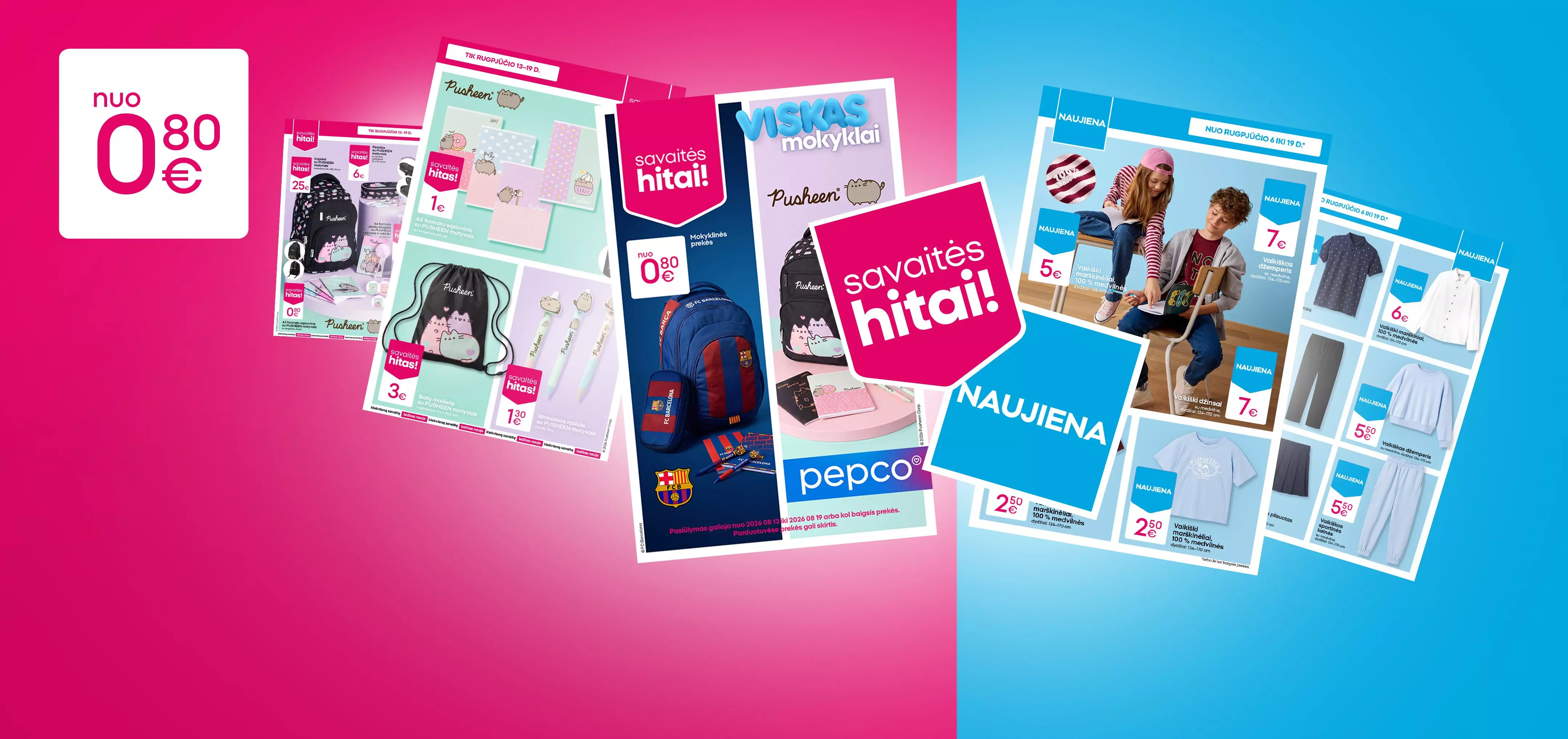 Pepco mokyklinių prekių ir vaikų drabužių katalogai su Pusheen ir kitais produktais nuo 0,80 eurų.