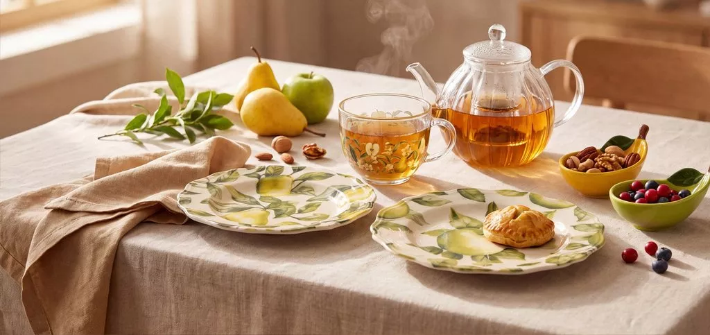 Pepco tableware set with lemon and leaf print, featuring plates, teapot, cup and bowls with fresh fruit and pastries.