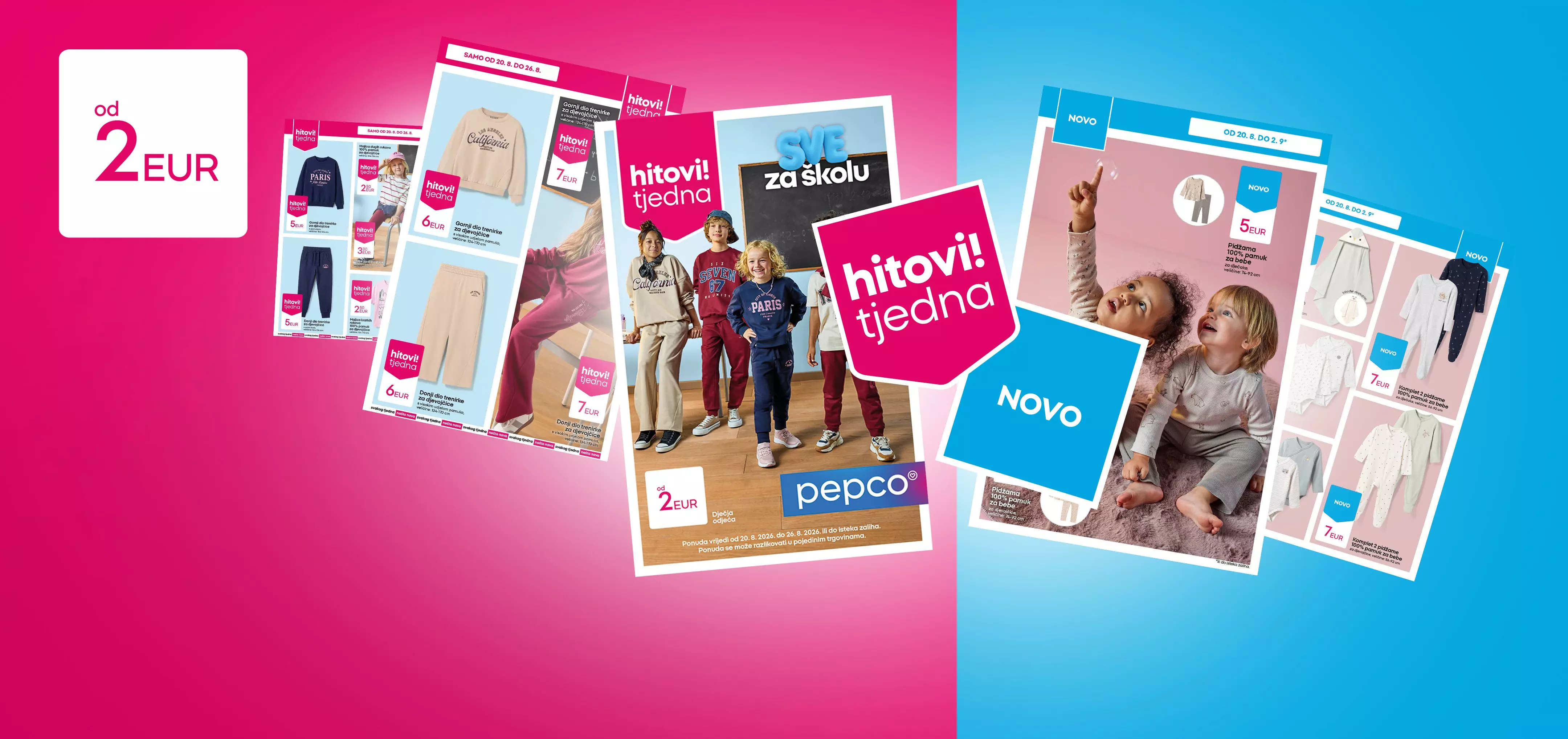 Pepco katalozi s dječjom odjećom i natpisom od 2 EUR prikazuju školsku kolekciju i nove proizvode.