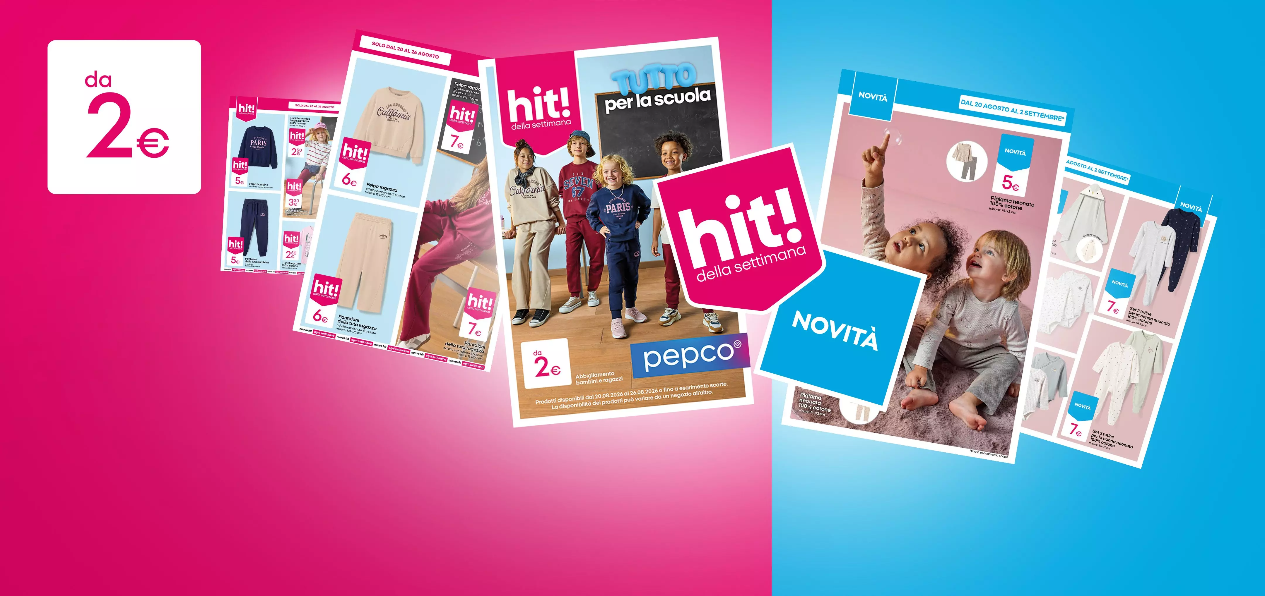 Volantini promozionali Pepco con abbigliamento per bambini, offerte da 2€ e collezione back to school.