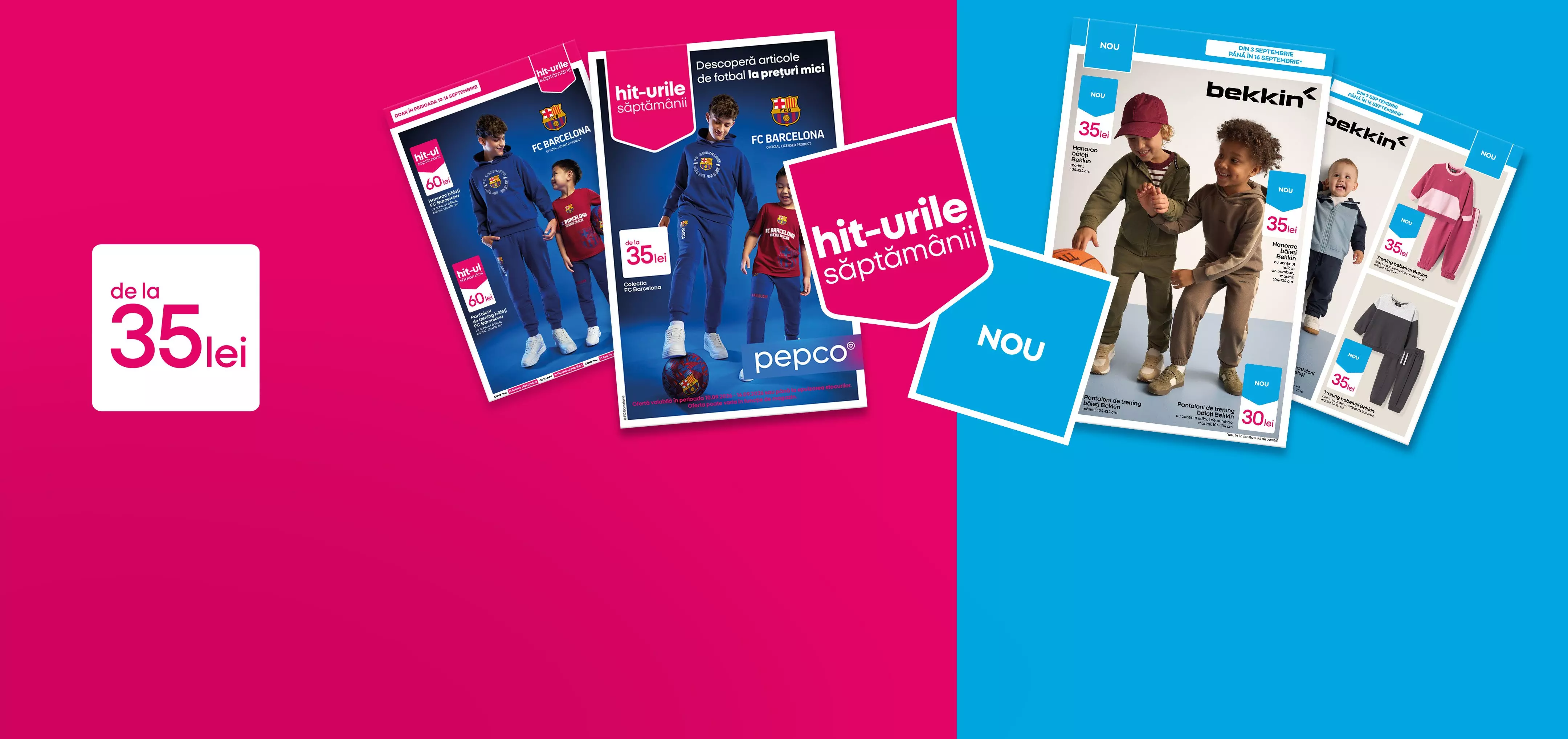Cataloage Pepco cu îmbrăcăminte pentru copii, inclusiv articole FC Barcelona și bekkin, cu prețuri de la 35 lei.