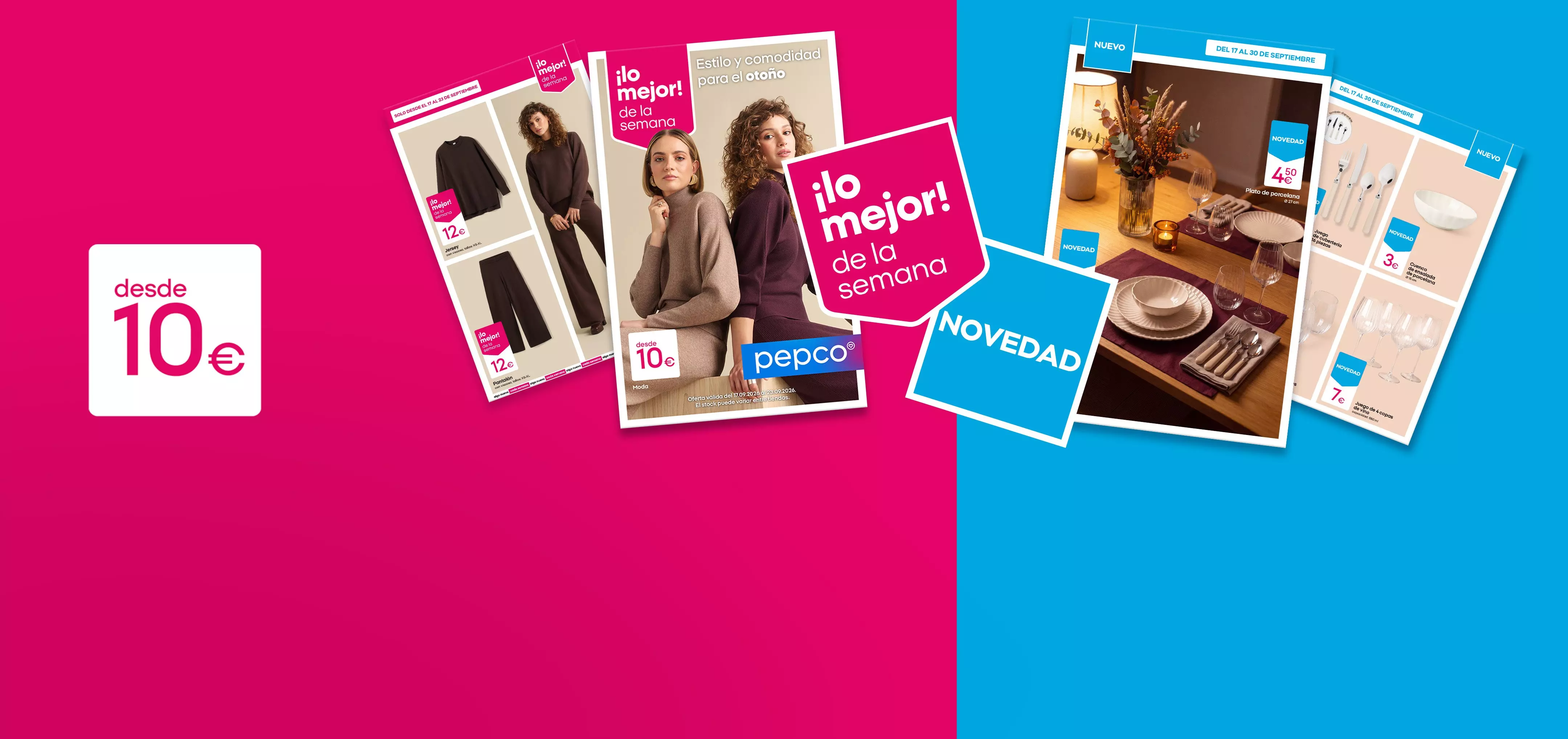 Catálogos promocionales de Pepco mostrando ropa de mujer y artículos para el hogar con ofertas desde 10 euros.