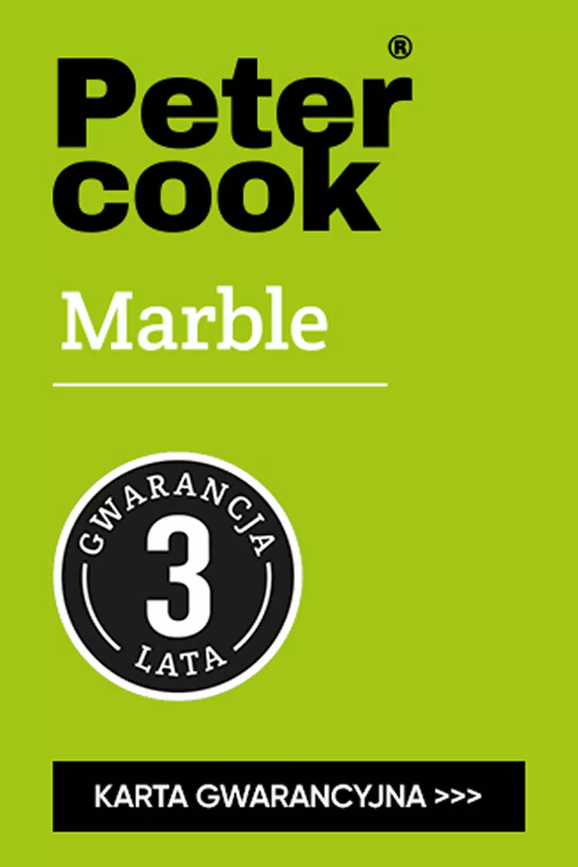 Peter Cook logo on a light green background with the text "Marble". In the center, a circular emblem showing a 3-year warranty and a black "WARRANTY CARD" button at the bottom.