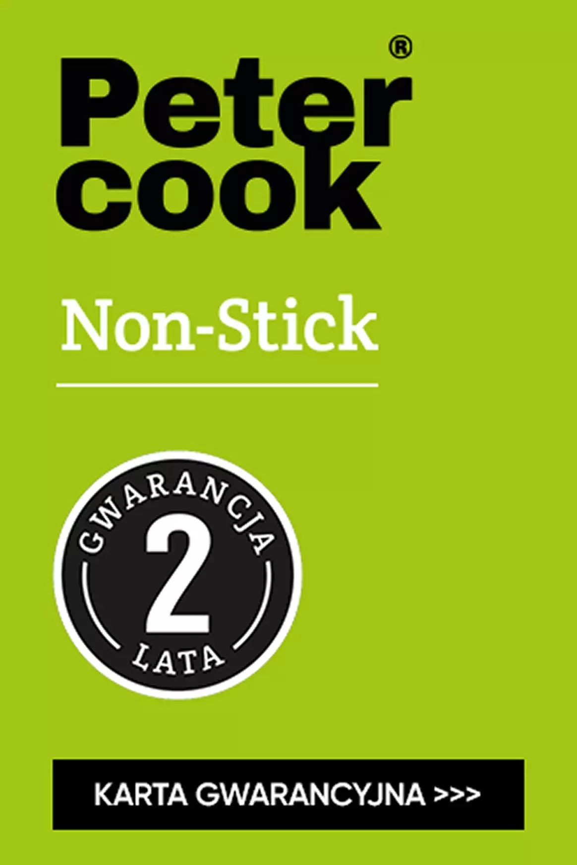 Peter Cook logo on a light green background with the text "Non-Stick". Includes a circular emblem indicating a 2-year warranty and a black "WARRANTY CARD" button.