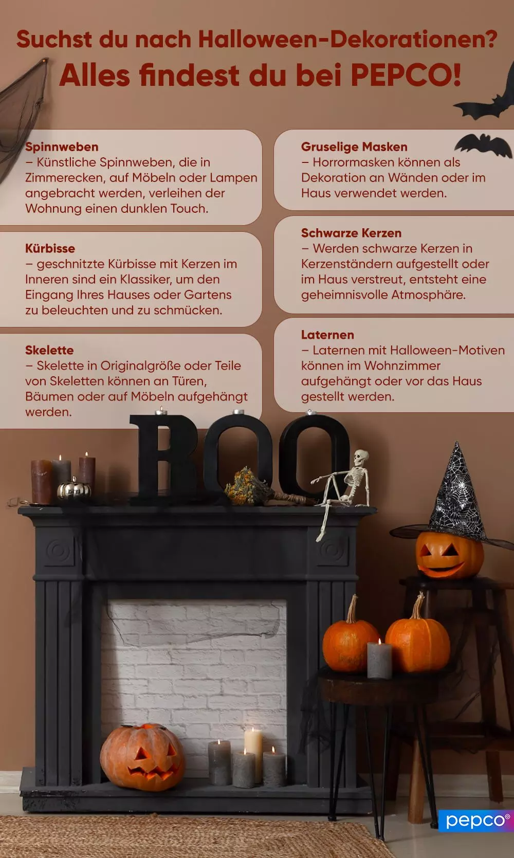 PEPCO Werbung für Halloween-Dekorationen mit Kamin, Kürbissen, Skelett und verschiedenen Deko-Ideen.