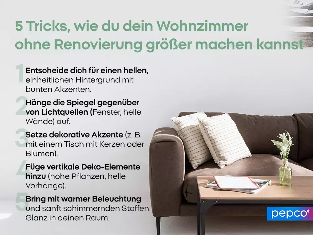 Infografik mit fünf Einrichtungstipps neben einem braunen Sofa mit Kissen und Couchtisch.