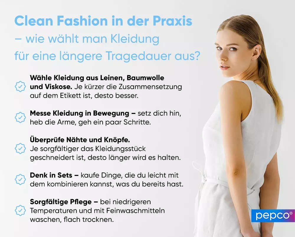 Frau in weißem Oberteil und Rock neben Tipps zur Auswahl langlebiger Clean Fashion Kleidung.