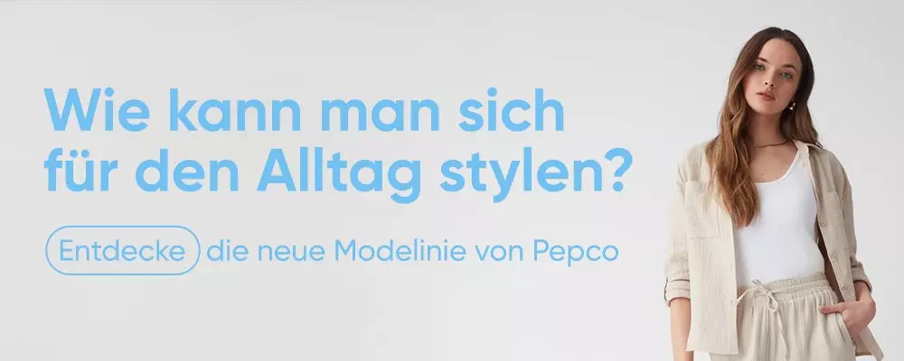 Frau in beiger Freizeitkleidung mit weißem Top und Cardigan, neben Text über Alltags-Styling.