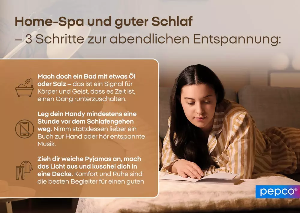 Frau liest ein Buch im Bett, Pepco Logo, Infografik mit drei Entspannungstipps für besseren Schlaf.