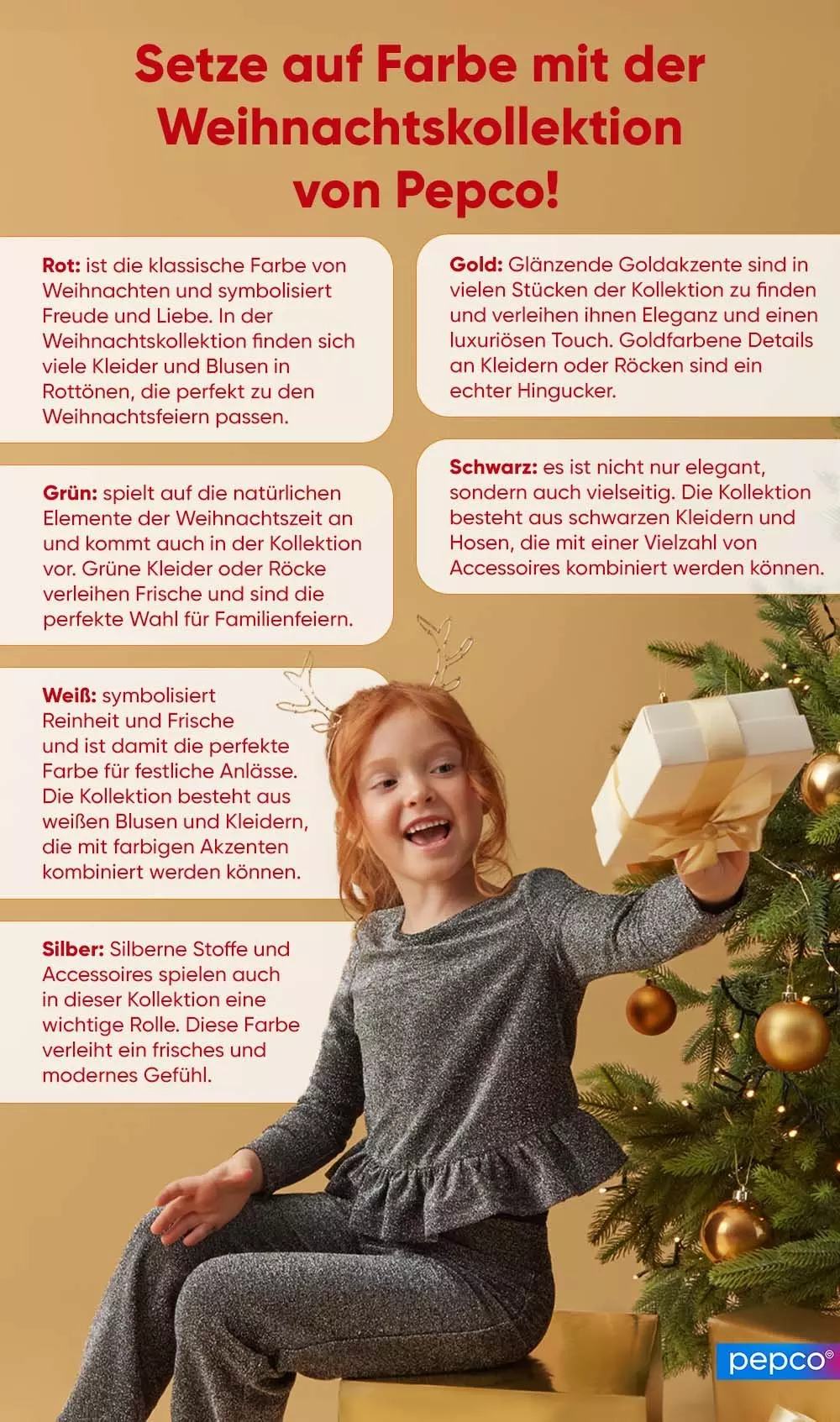 Mädchen in grauem Outfit hält Geschenk vor Weihnachtsbaum, Pepco Weihnachtskollektion Infografik.