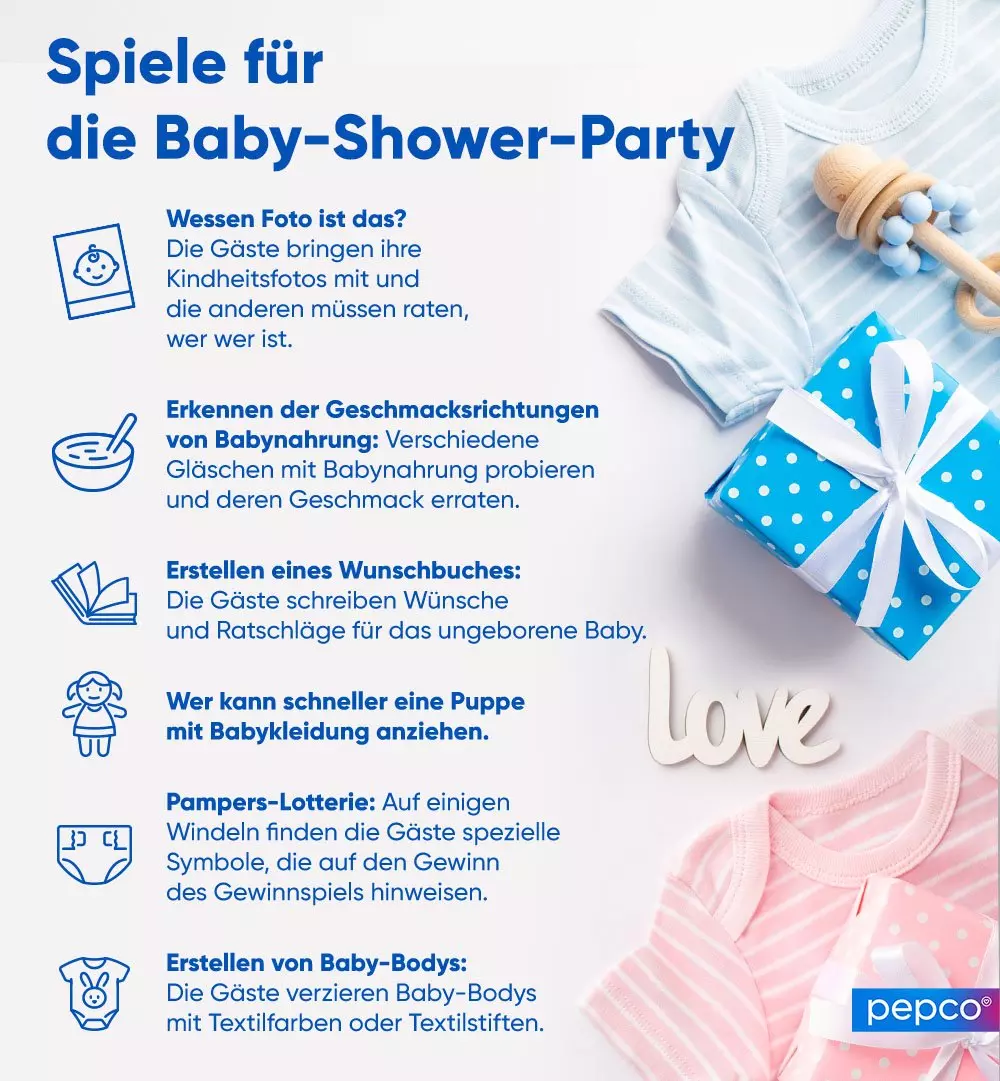 Babyparty-Spielideen mit Babykleidung, Geschenk und Holzspielzeug auf weißem Untergrund.