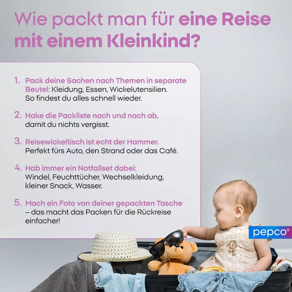 Kleinkind sitzt in gepacktem Koffer mit Stofftier, Sonnenbrille und Hut, pepco Logo sichtbar.