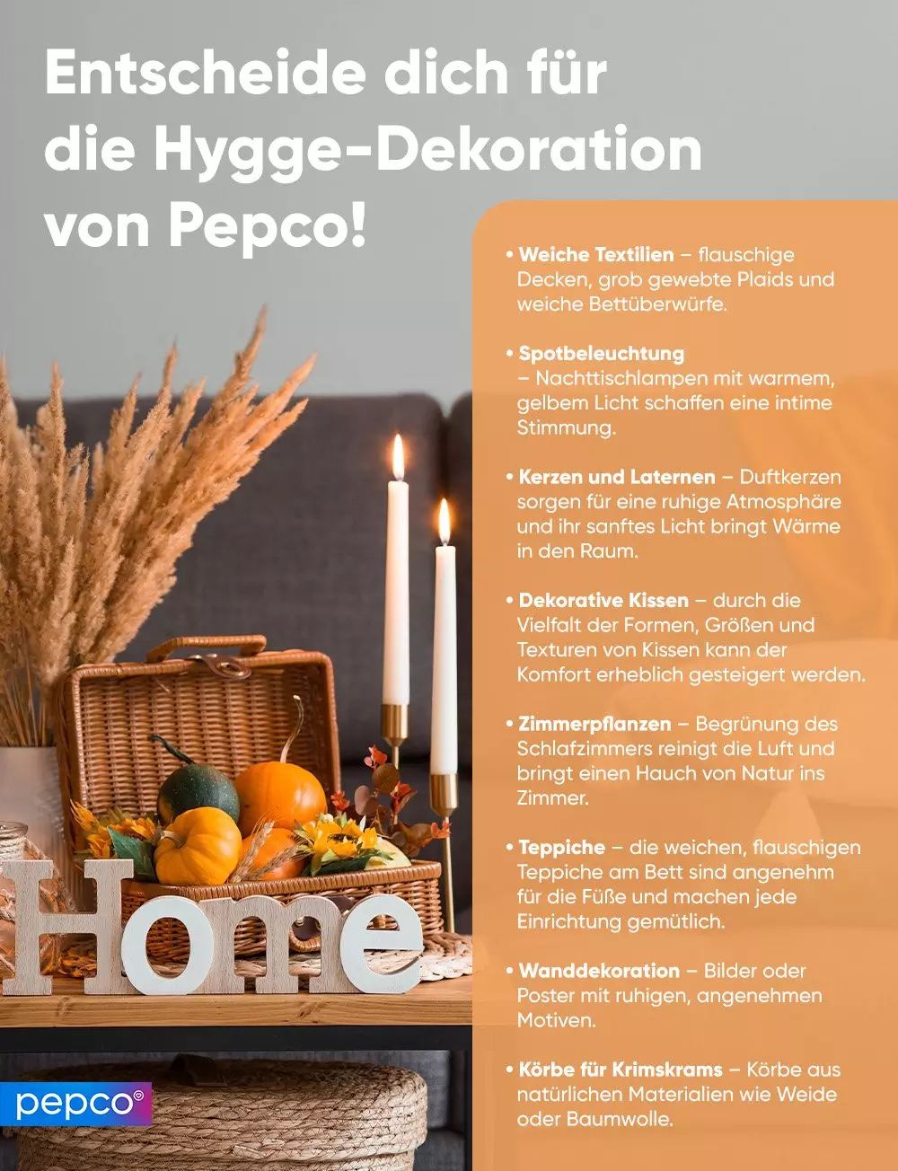 Werbebild von Pepco mit Hygge-Dekoration: Kerzen, Pampasgras, Kürbisse und "Home"-Schriftzug.