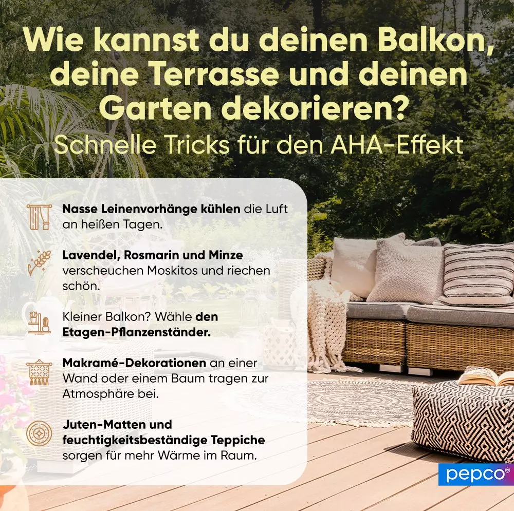 Werbebild von Pepco mit Dekorationstipps für Balkon, Terrasse und Garten neben Rattanmöbeln im Freien.