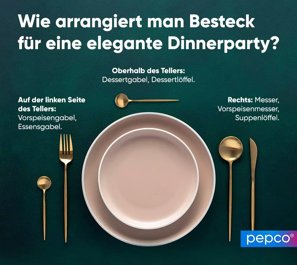 Infografik zur Tischdeckung für eine Dinnerparty mit beigefarbenen Tellern und goldenem Besteck von pepco.