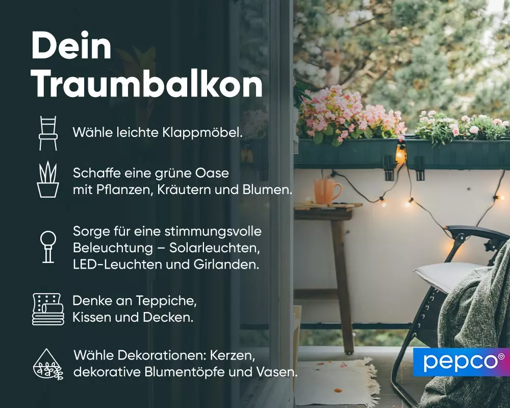 Gemütlicher Balkon mit Blumenkästen, Lichterkette, Stuhl und Tipps zur Balkongestaltung von pepco.