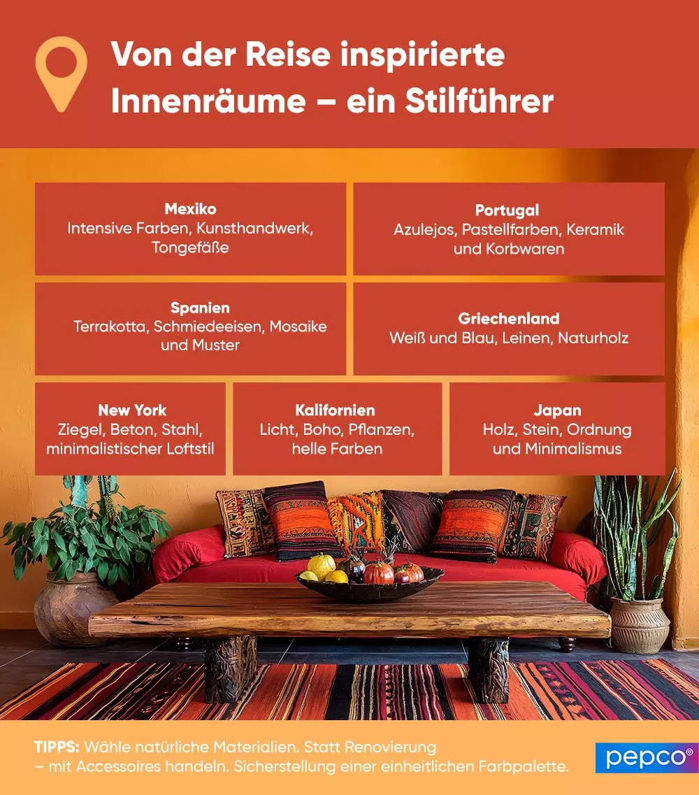 Infografik zeigt Einrichtungsstile verschiedener Länder mit Sofa, Holztisch und Pflanzen.