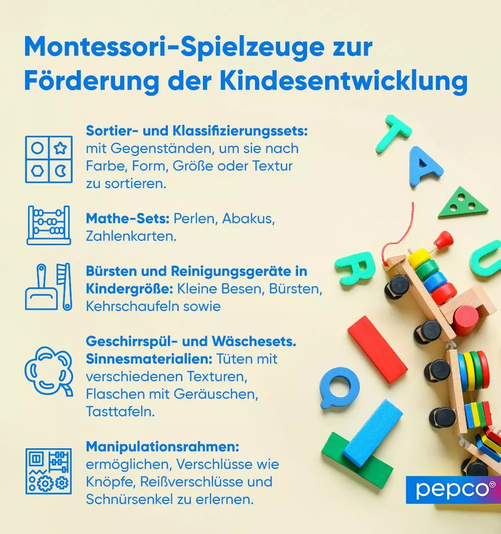 Montessori-Spielzeuge zur Förderung der Kindesentwicklung mit bunten Holzbuchstaben und Lernspielzeug.