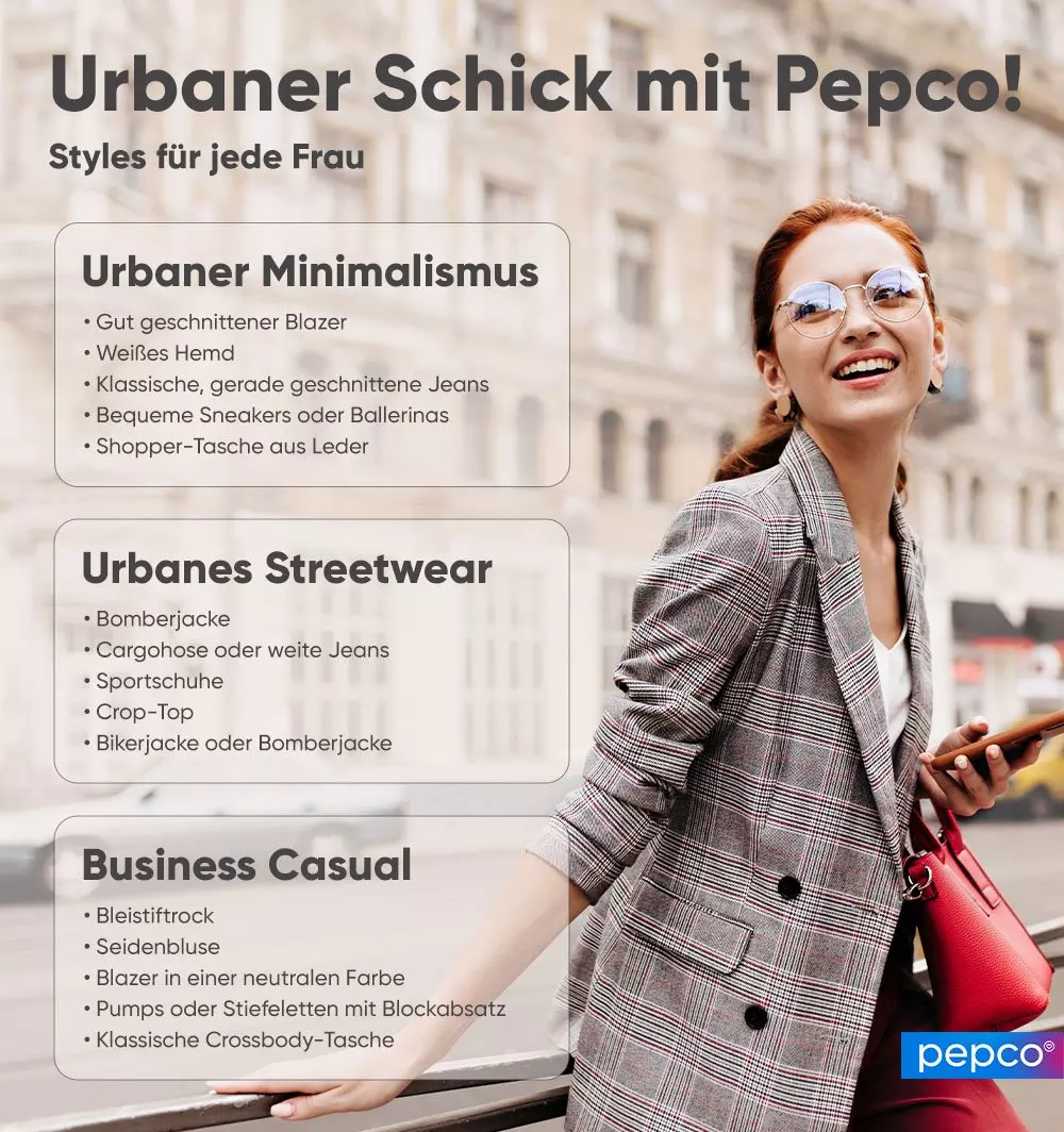 Lächelnde Frau mit Sonnenbrille und kariertem Blazer hält Smartphone und rote Handtasche in urbaner Umgebung.
