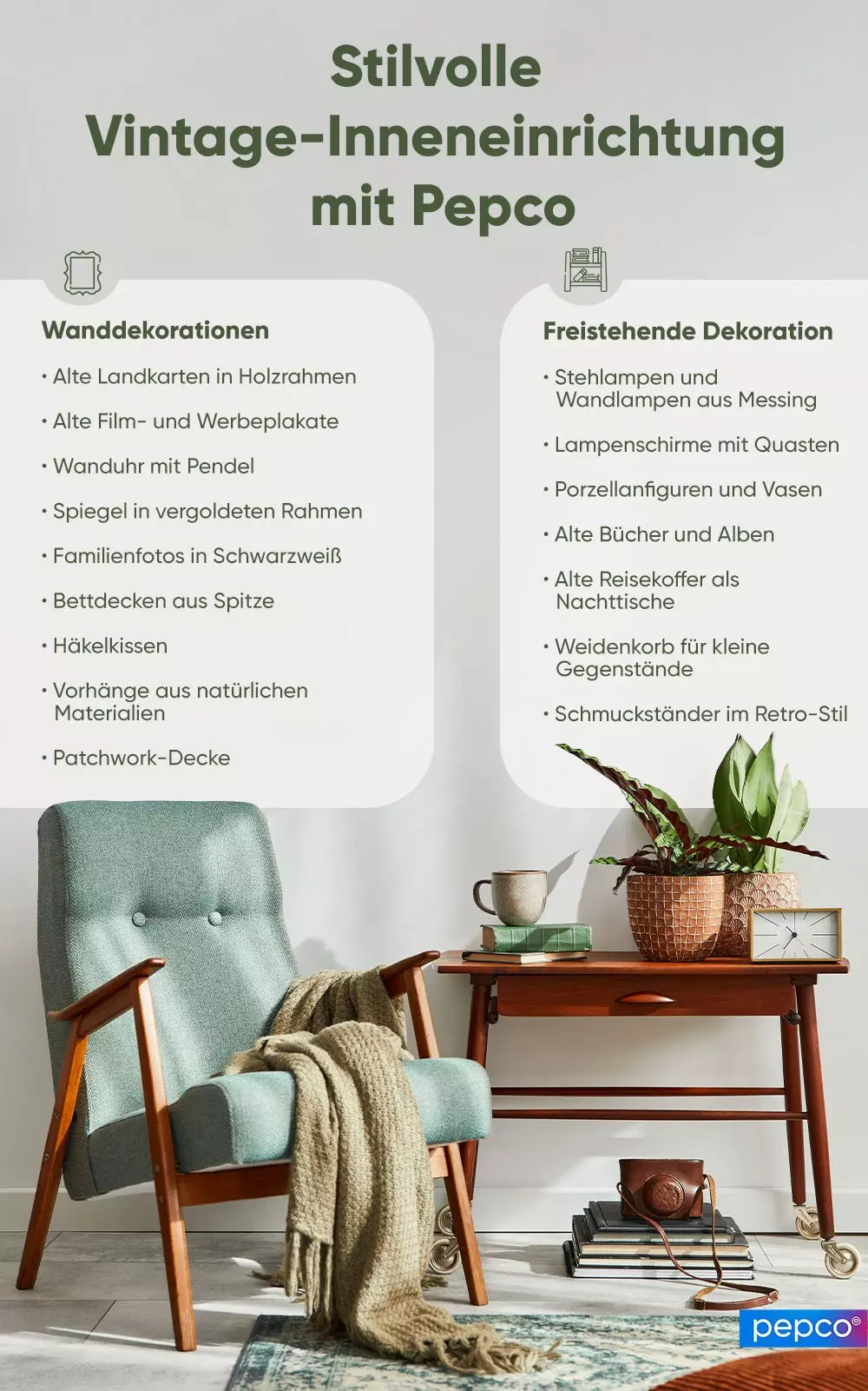 Vintage-Wohnzimmer mit türkisfarbenem Sessel, Holzbeistelltisch und Pepco-Dekorationsideen auf Texttafel.