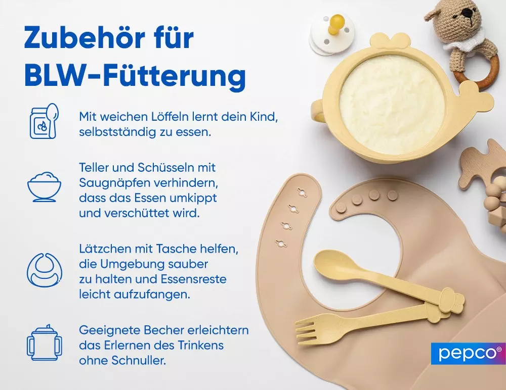 Babygeschirr-Set in Beige und Gelb mit Teller, Besteck, Schnuller und Beißring von pepco.