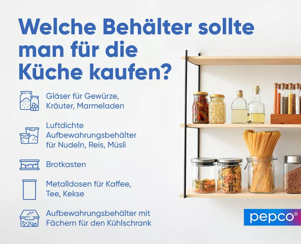 Infografik mit Holzregal voller Vorratsbehälter und deutscher Text über Küchenbehälter, Pepco Logo.