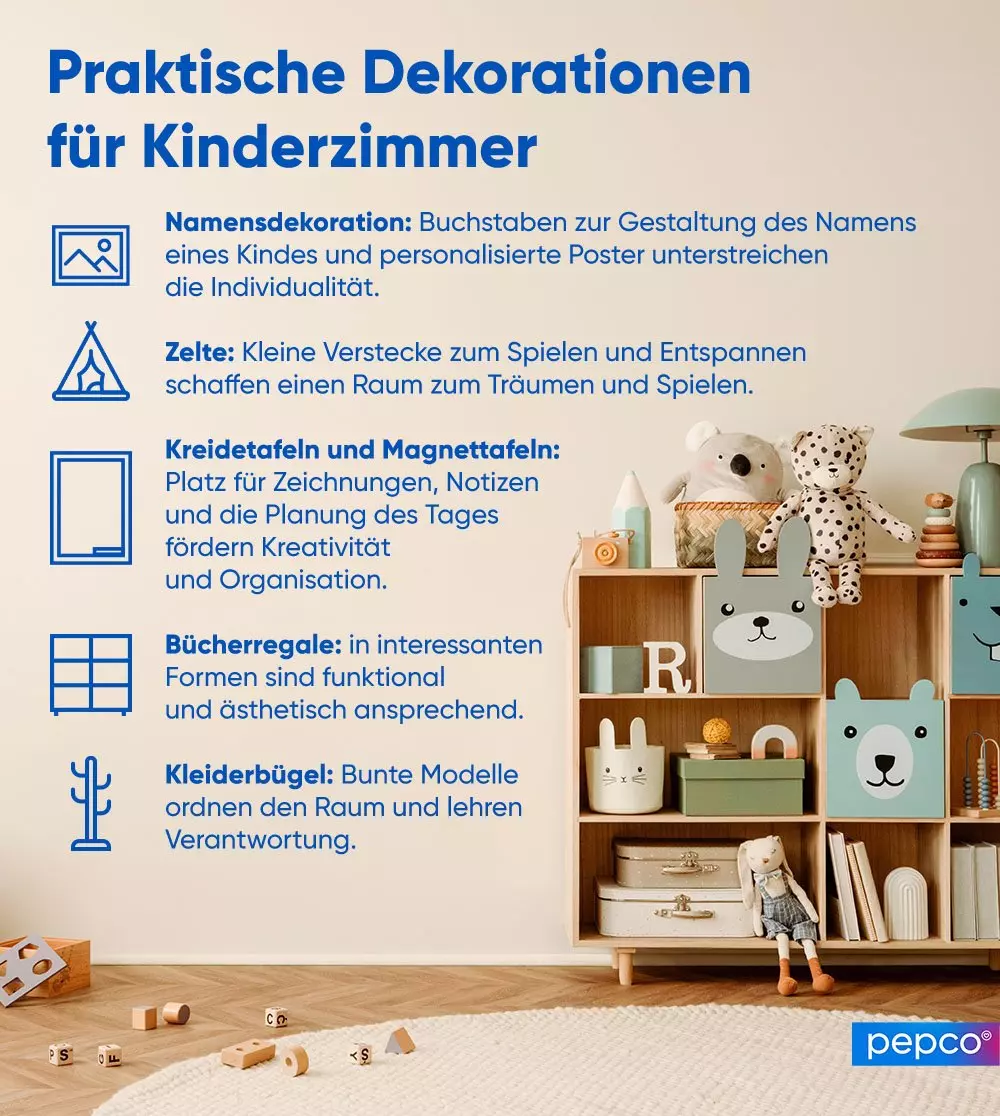 Infografik zeigt praktische Dekorationen für Kinderzimmer mit Regal, Spielzeug und Aufbewahrungsideen.