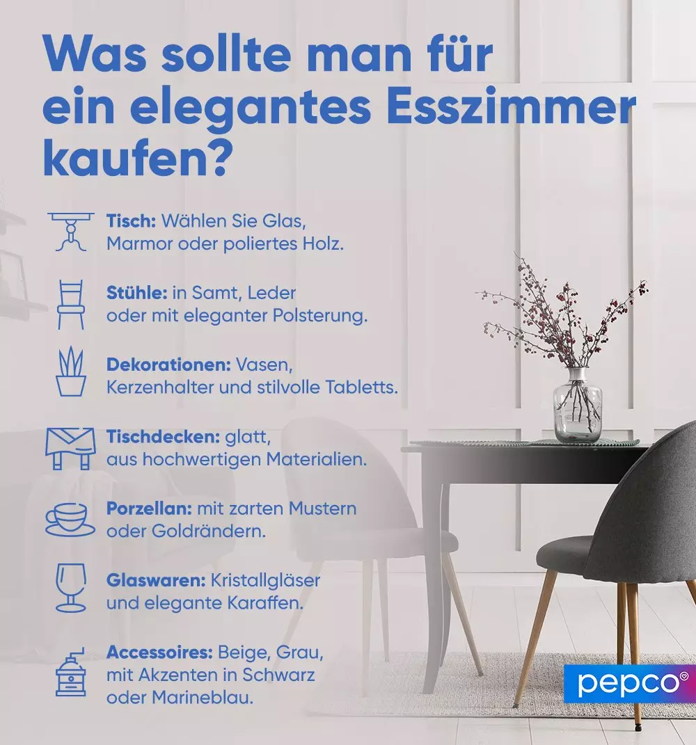 Pepco Ratgeber-Grafik mit Tipps für elegante Esszimmereinrichtung, neben Tisch mit Vase und Stuhl.
