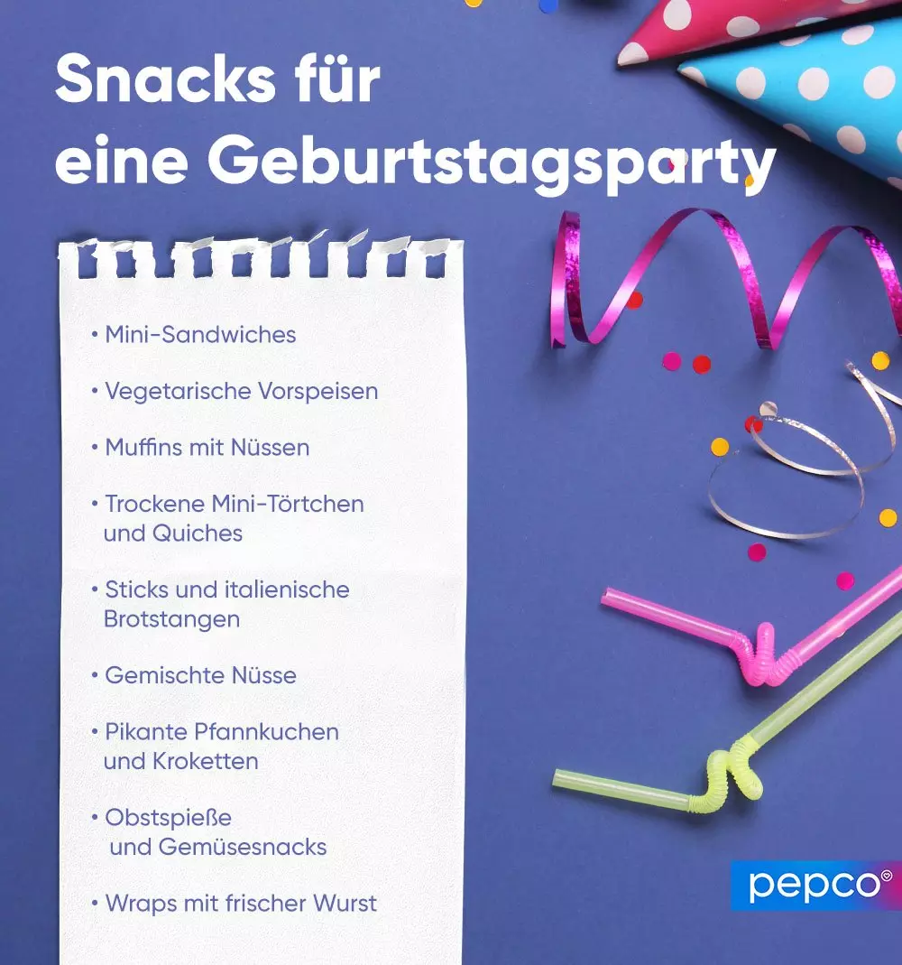 Snack-Ideenliste für eine Geburtstagsparty mit bunten Partyhüten, Luftschlangen und Konfetti.