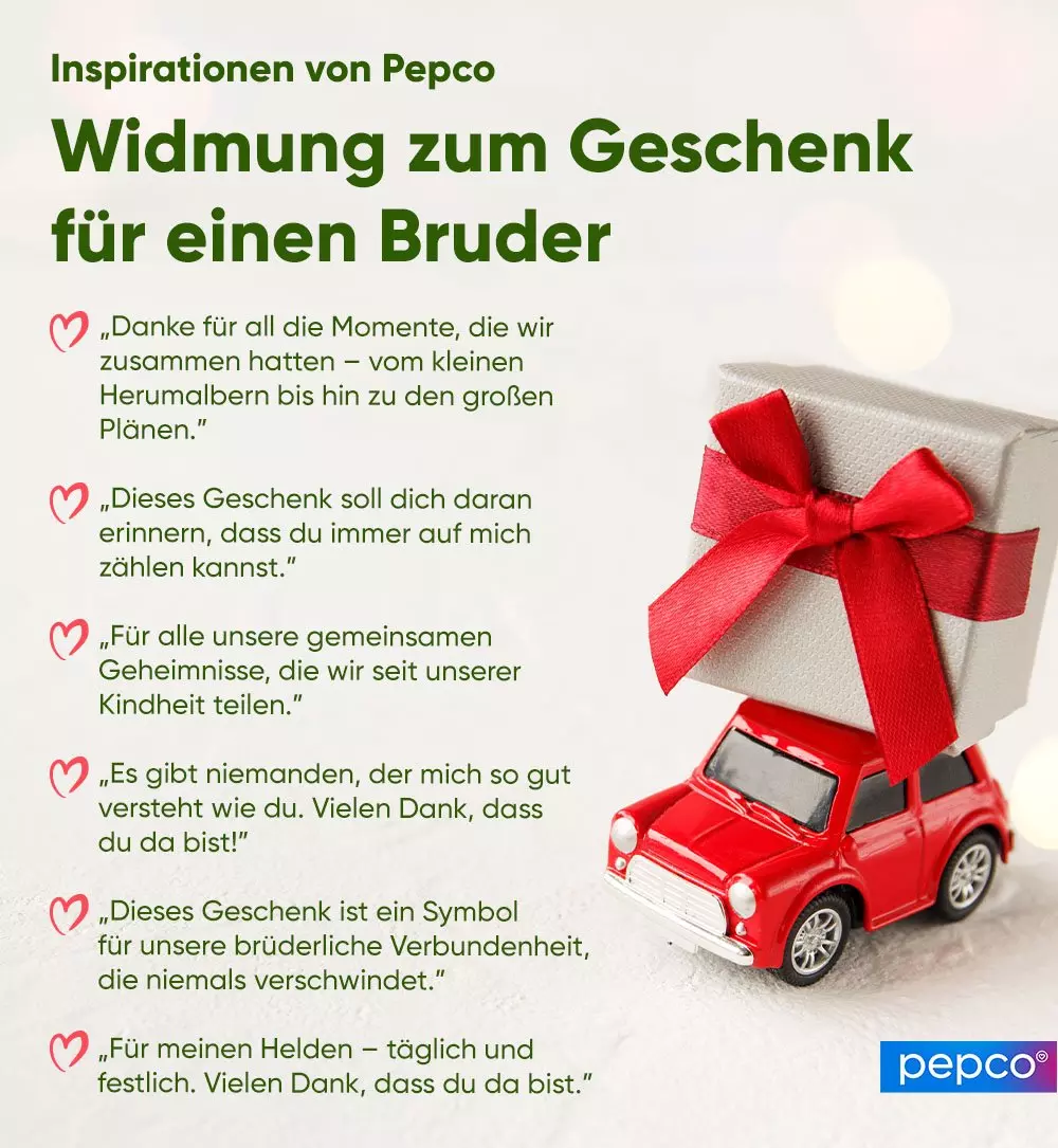 Pepco Inspirationen für Brudergeschenke mit sentimentalen Widmungen und einem roten Spielzeugauto, das eine Geschenkbox trägt.