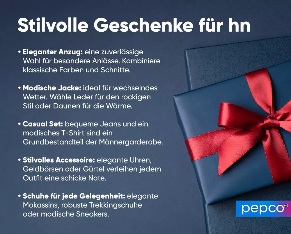 Dunkelblaue Geschenkbox mit roter Satinschleife neben Geschenkideen-Text für Herrenmode von pepco.