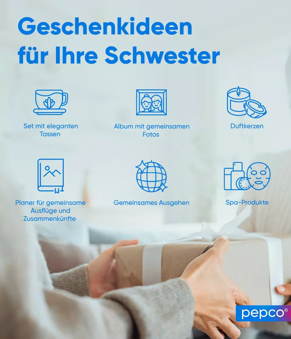 Infografik mit Geschenkideen für die Schwester, Person hält Geschenkbox, pepco Marke sichtbar.