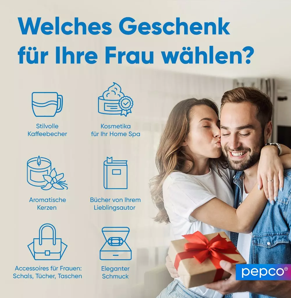 Mann hält Geschenk, während Frau ihn auf die Wange küsst, mit Geschenkideen-Icons von pepco.