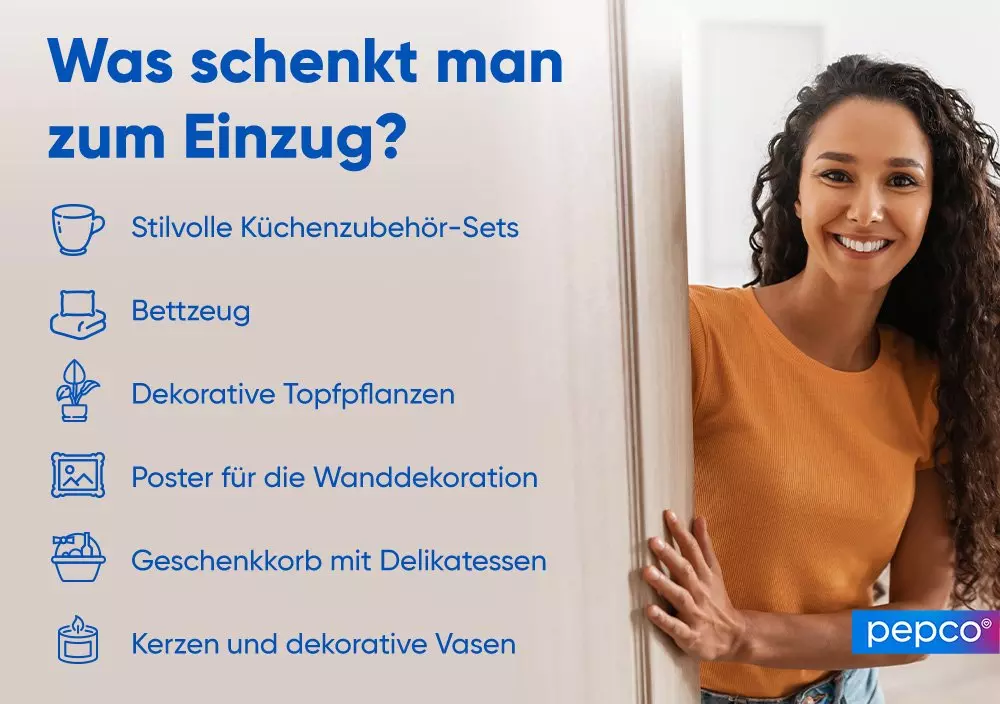 Lächelnde Frau in orangefarbenem Oberteil neben Liste mit Einzugsgeschenk-Ideen, pepco Logo.