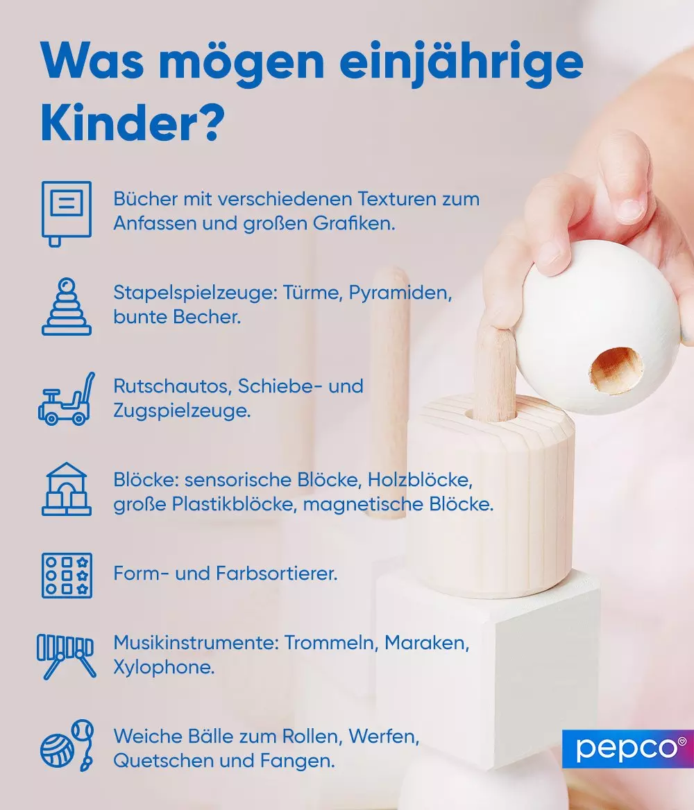 Kinderhand hält Holzspielzeug, Infografik mit Text über altersgerechtes Spielzeug, pepco Logo.