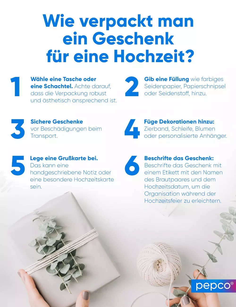 Infografik mit sechs Schritten zum Verpacken von Hochzeitsgeschenken, mit Eukalyptus-Deko.
