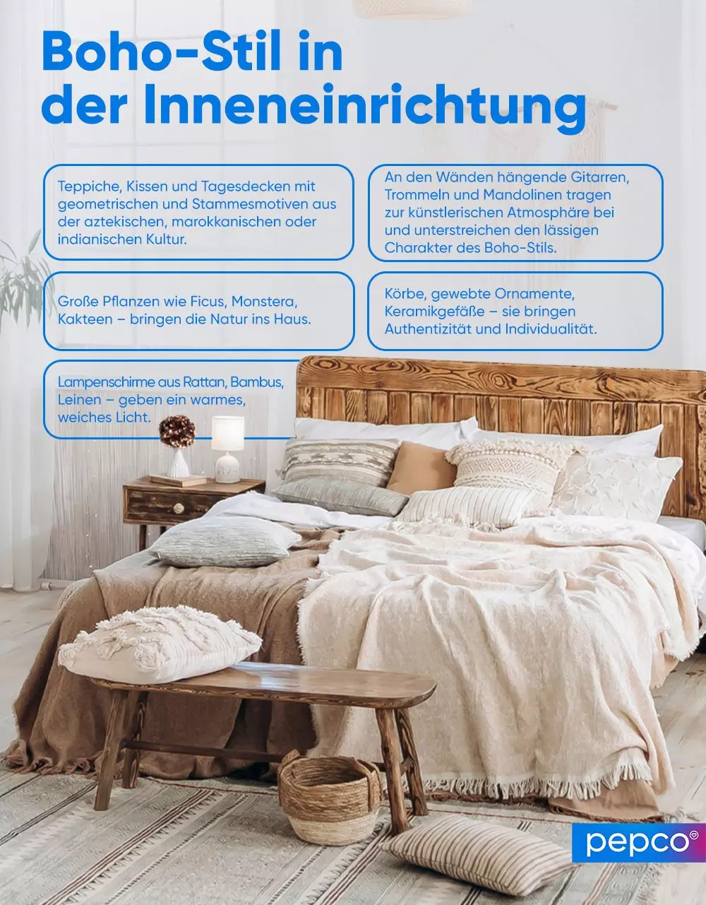 Schlafzimmer im Boho-Stil mit Holzbett, beigefarbener Bettwäsche und Textinformationen zur Einrichtung.